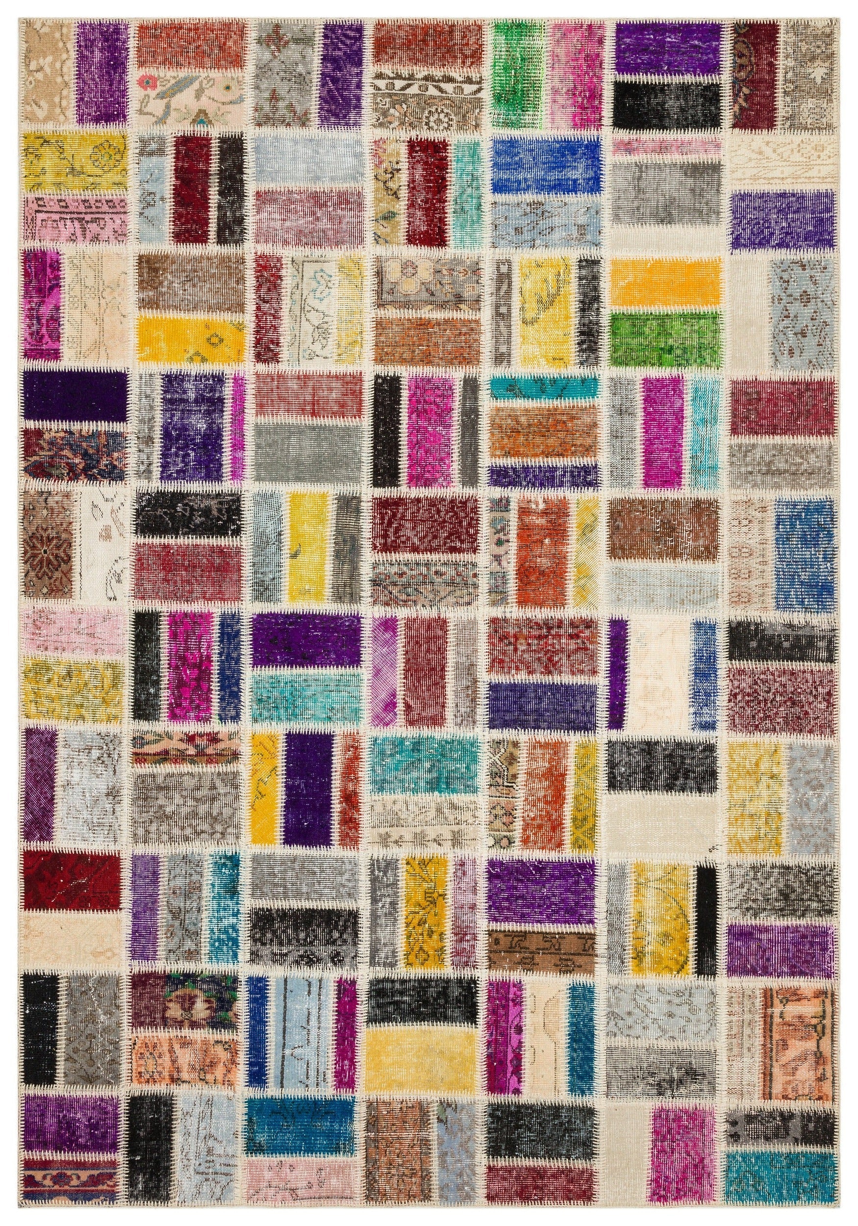 Iskece 35893 Beige Patchwork Wool Handmade Area Rug 5'11" x 9'5"