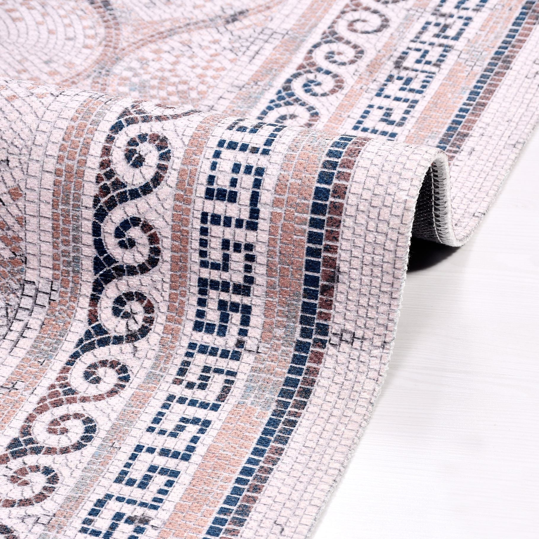 Chenille Area Rug - Washable Non Slip Navy Beige Kilim Style Carpet Frame