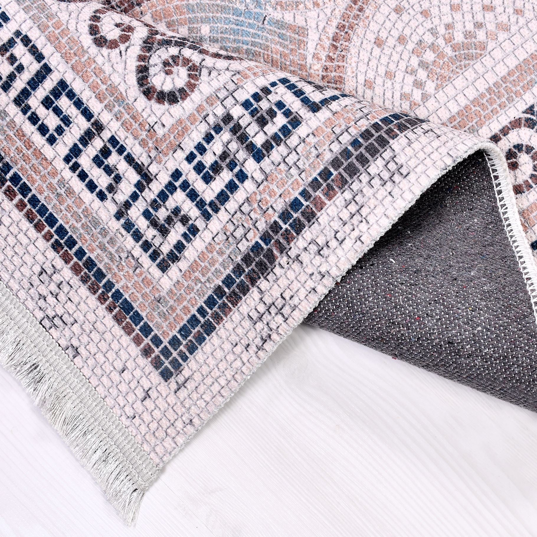 Chenille Area Rug - Washable Non Slip Navy Beige Kilim Style Carpet Frame