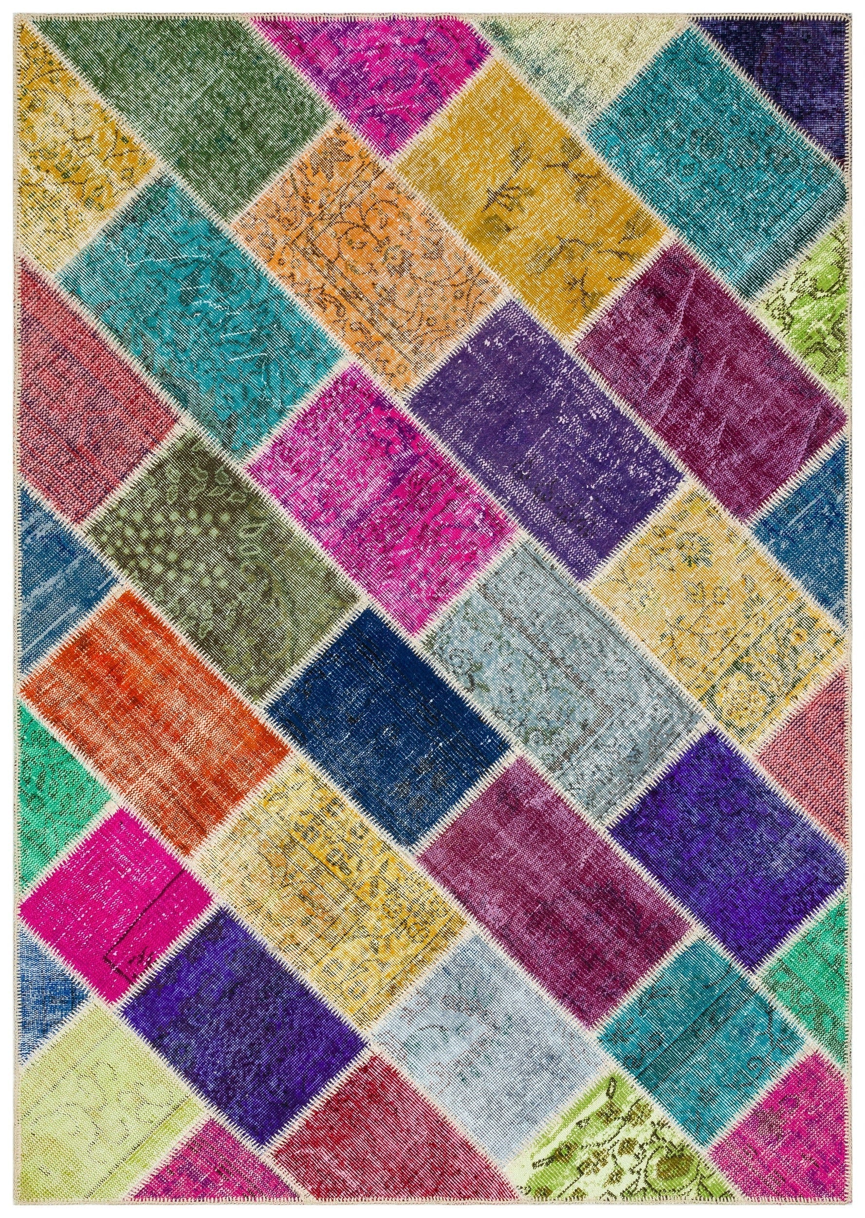 Iskece 36173 Beige Patchwork Wool Handmade Area Rug 5'3" x 7'7"