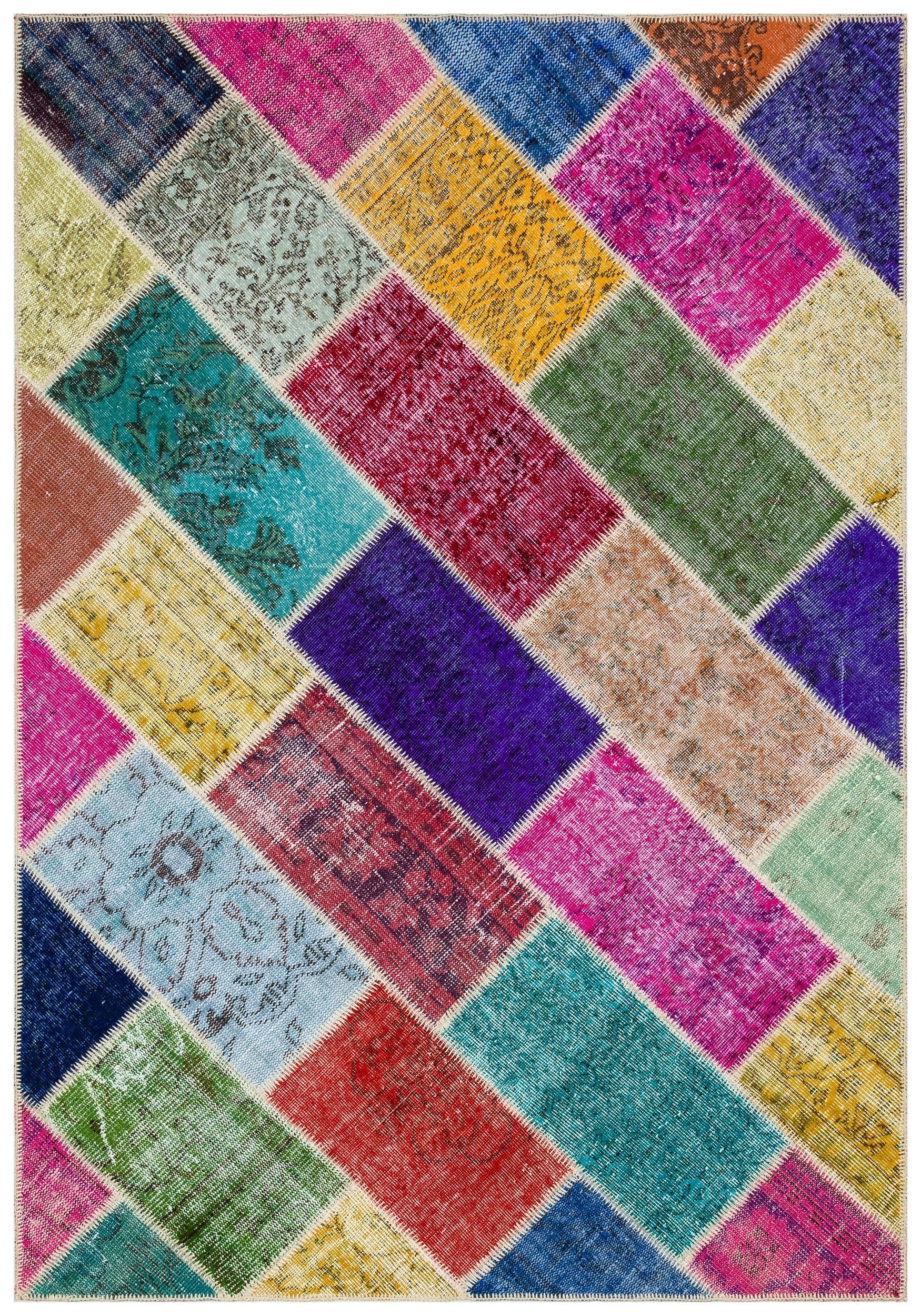 Iskece 36175 Beige Patchwork Wool Handmade Area Rug 5'4" x 7'6"