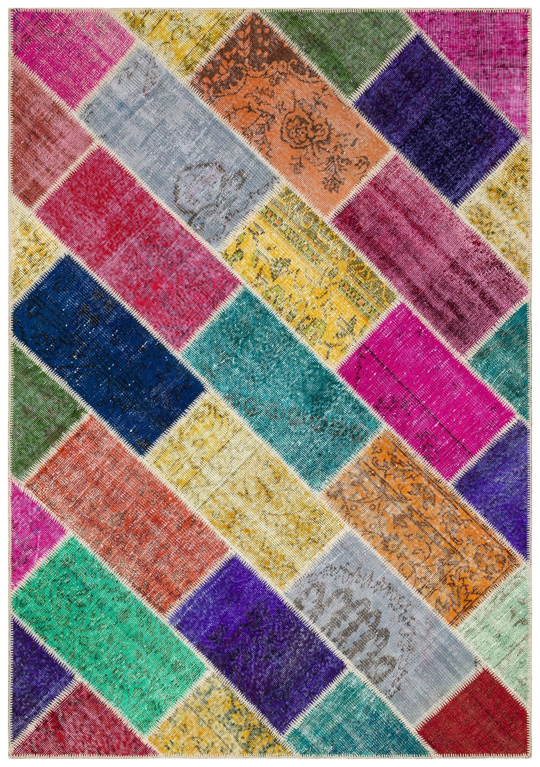 Iskece 36178 Beige Patchwork Wool Handmade Area Rug 5'4" x 7'7"