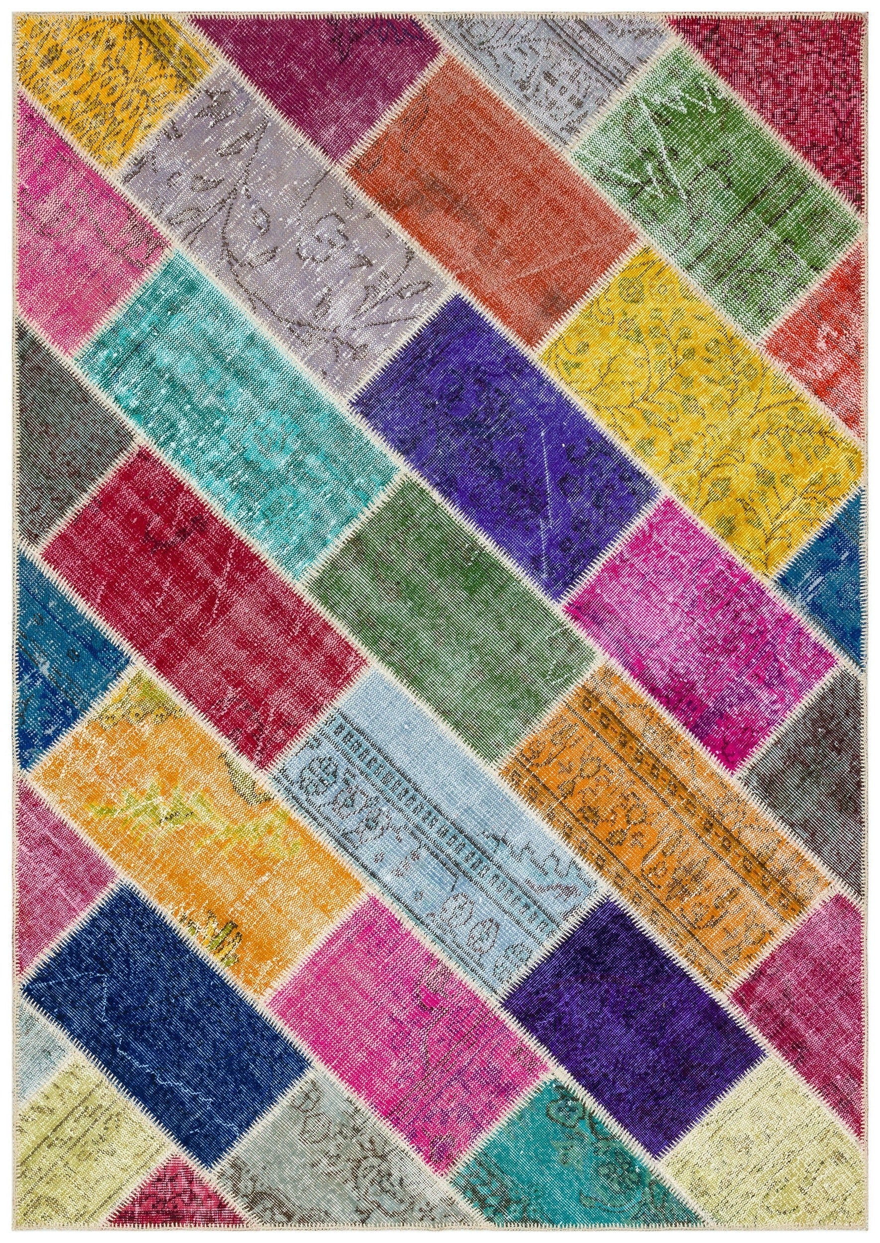 Iskece 36180 Beige Patchwork Wool Handmade Area Rug 5'4" x 7'6"