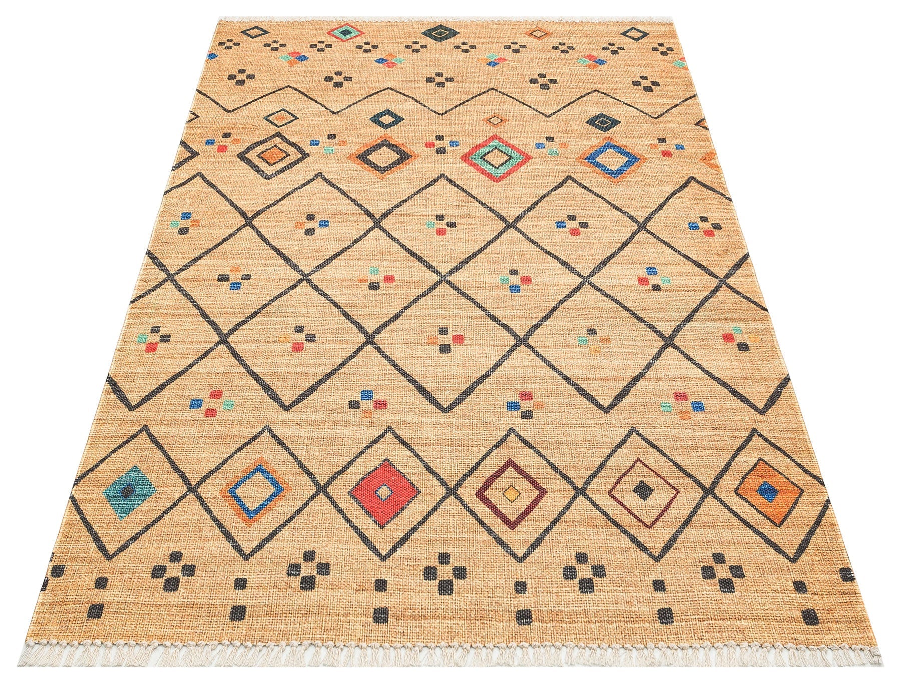 Washable Cotton Kilim - Beige Geometric Double Sided Flatweave Rug With Jute Look