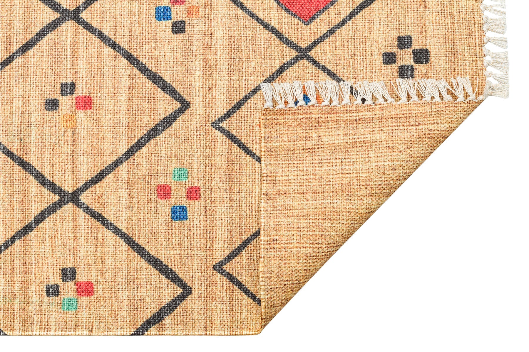 Washable Cotton Kilim - Beige Geometric Double Sided Flatweave Rug With Jute Look
