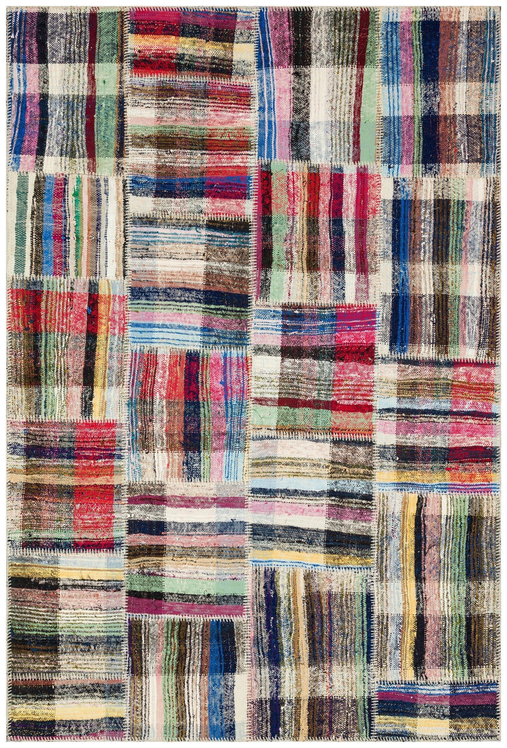 Teselya Beige Striped Wool Handmade Area Rug 5'2" x 7'9"