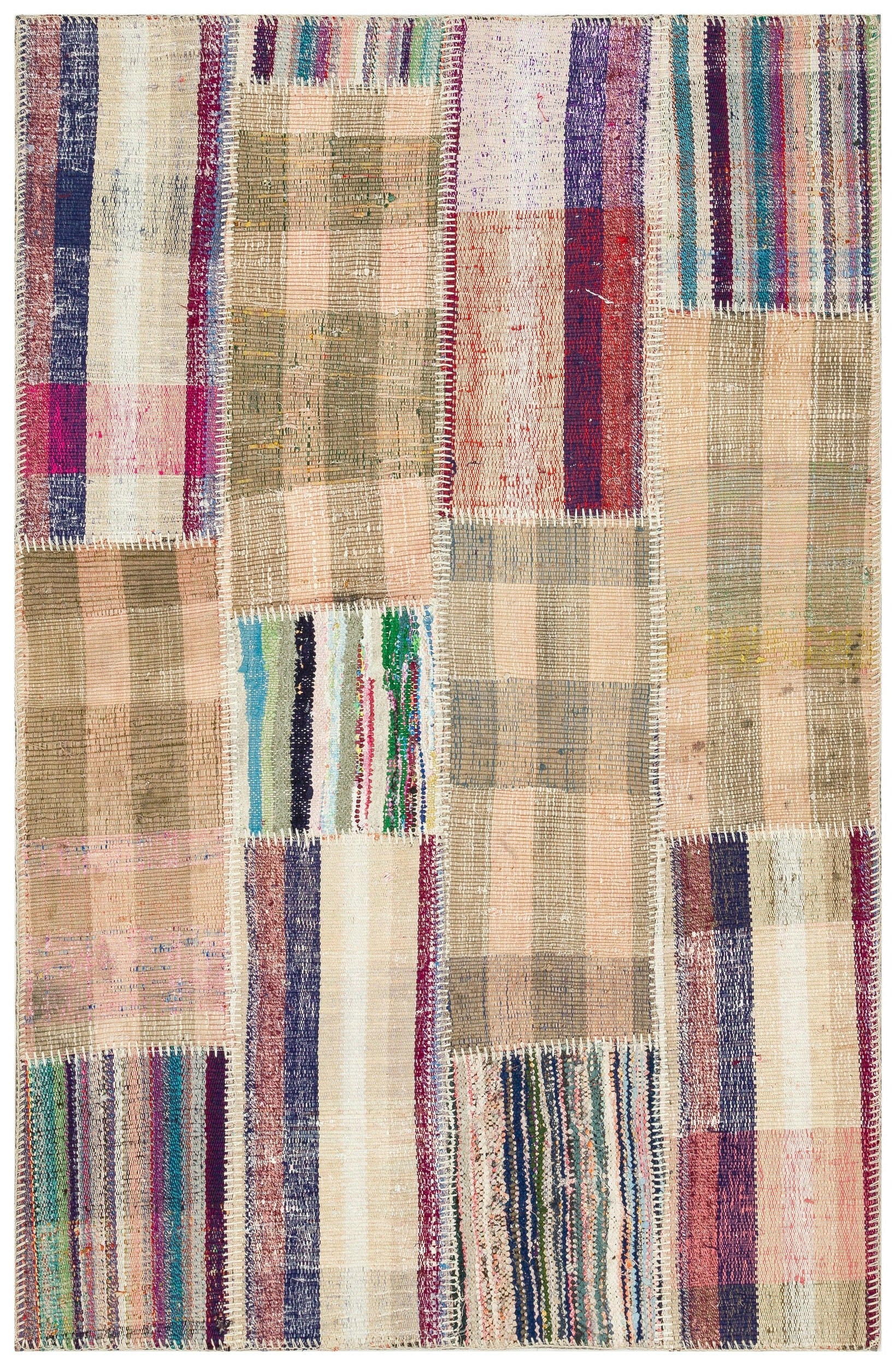 Teselya Beige Striped Wool Handmade Area Rug 3'8" x 5'9"