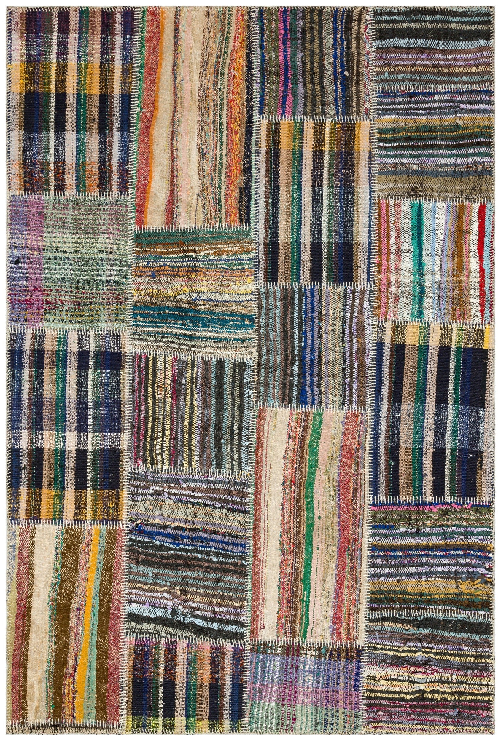 Teselya Beige Striped Wool Handmade Area Rug 5'0" x 7'5"