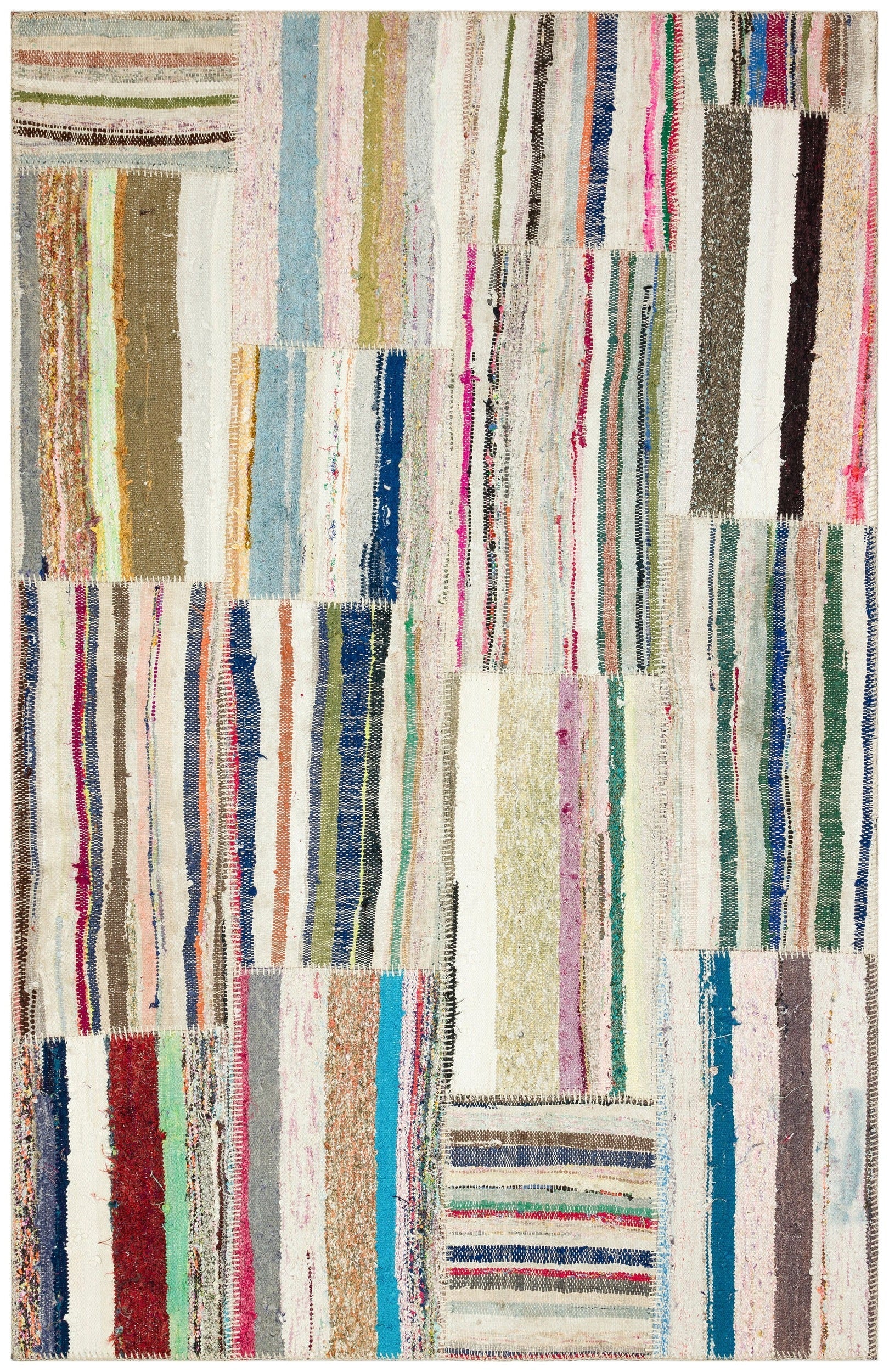 Teselya Beige Striped Wool Handmade Area Rug 4'11" x 7'9"