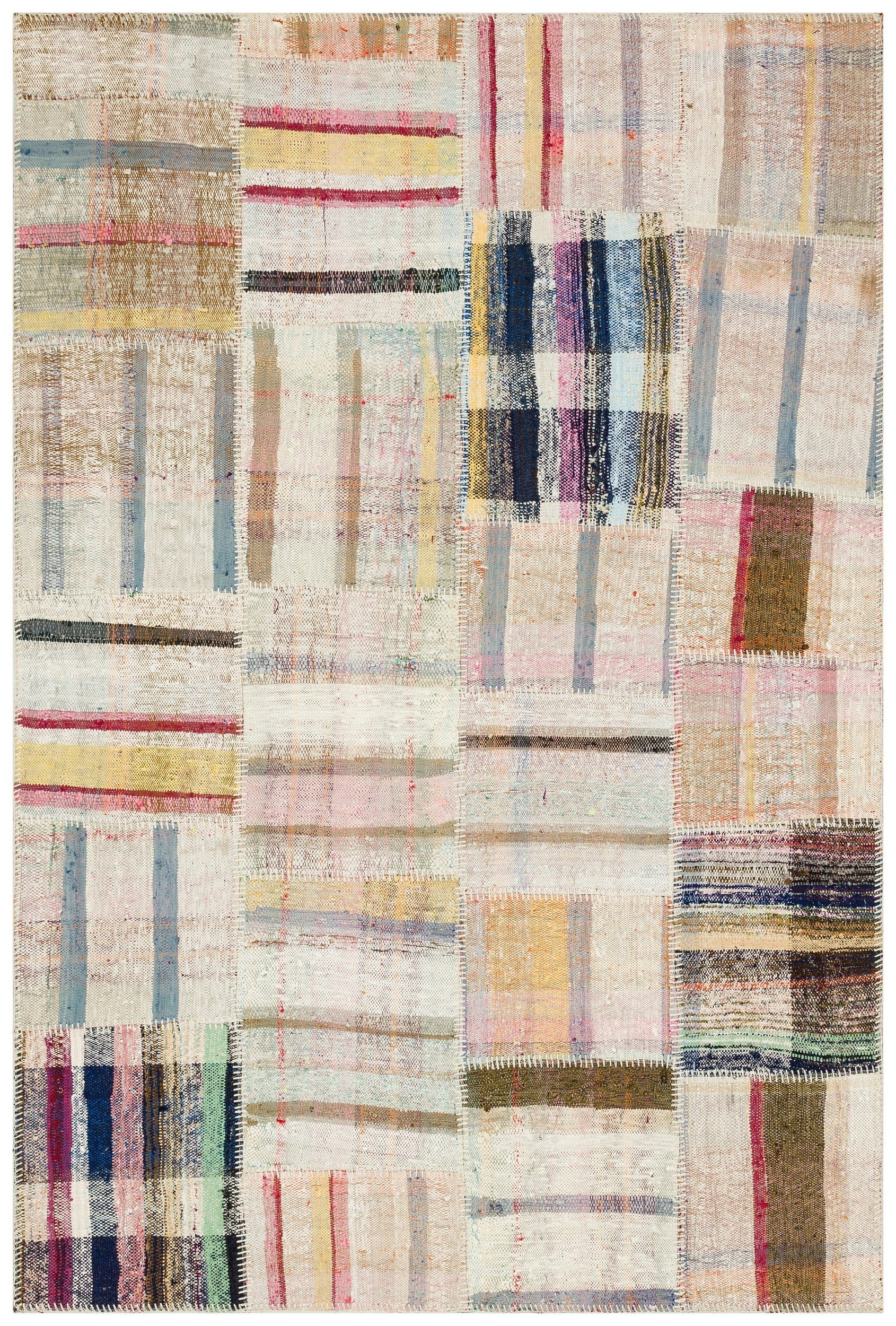 Teselya Beige Striped Wool Handmade Area Rug 4'11" x 7'5"