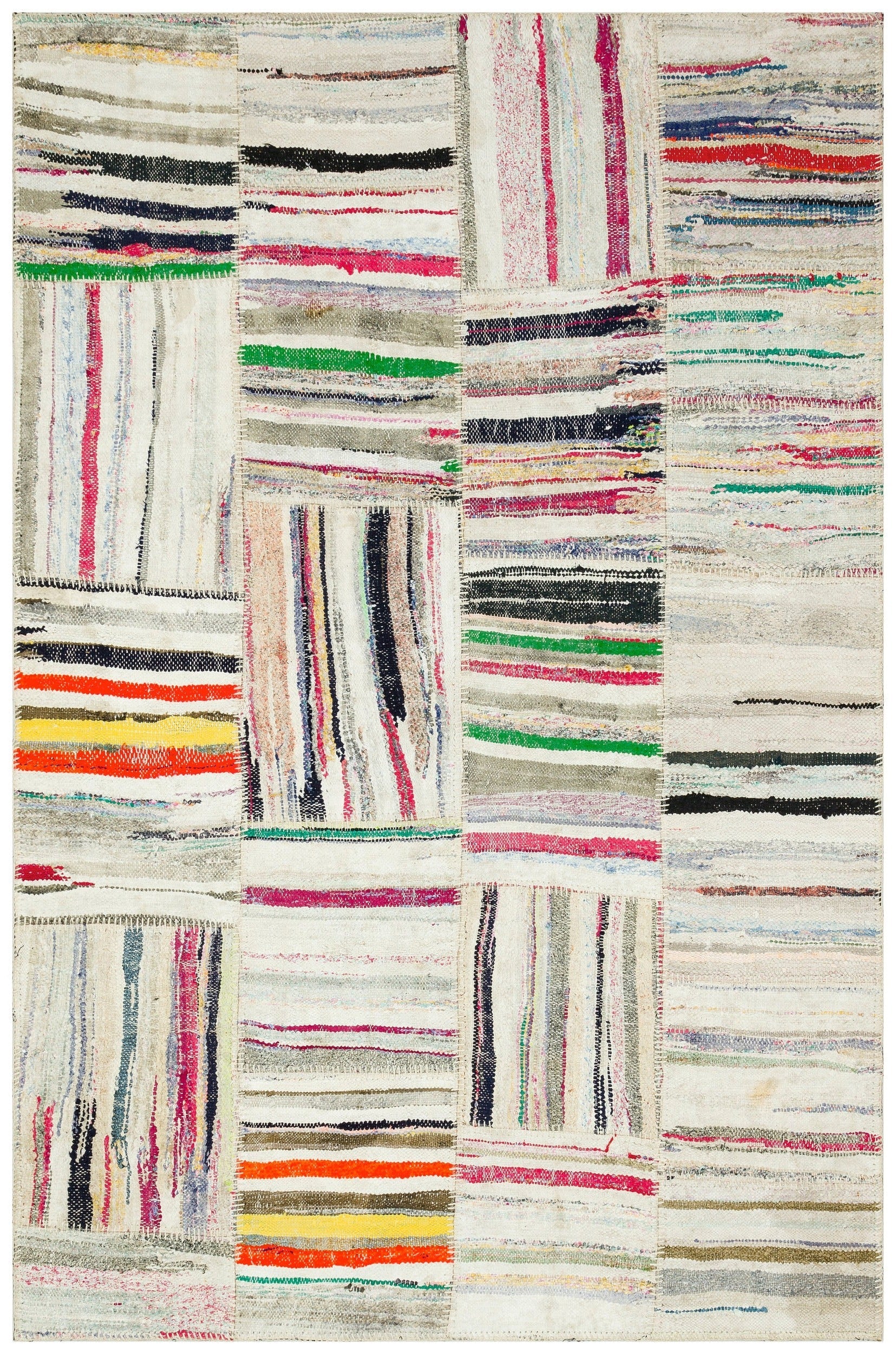 Teselya Beige Striped Wool Handmade Area Rug 5'0" x 7'8"