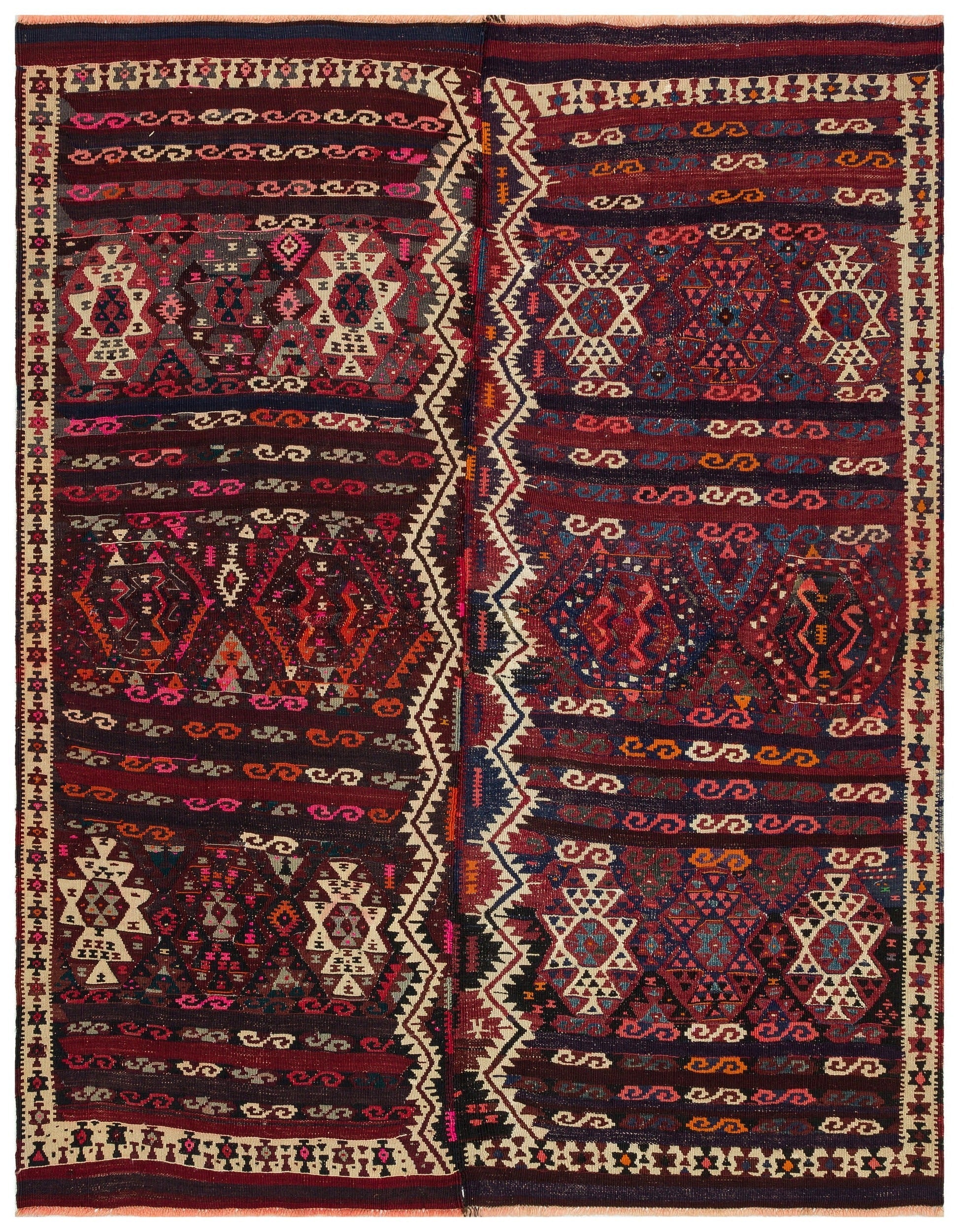 Girit Burgundy Geometric Wool Handmade Area Rug 5'2" x 6'6"