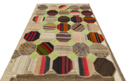 Iskece 36506 Beige Patchwork Wool Handmade Area Rug 5'3" x 7'7"