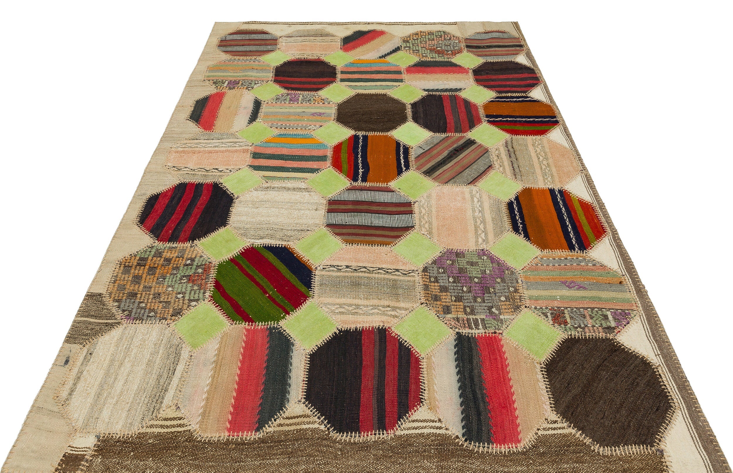 Iskece 36506 Beige Patchwork Wool Handmade Area Rug 5'3" x 7'7"
