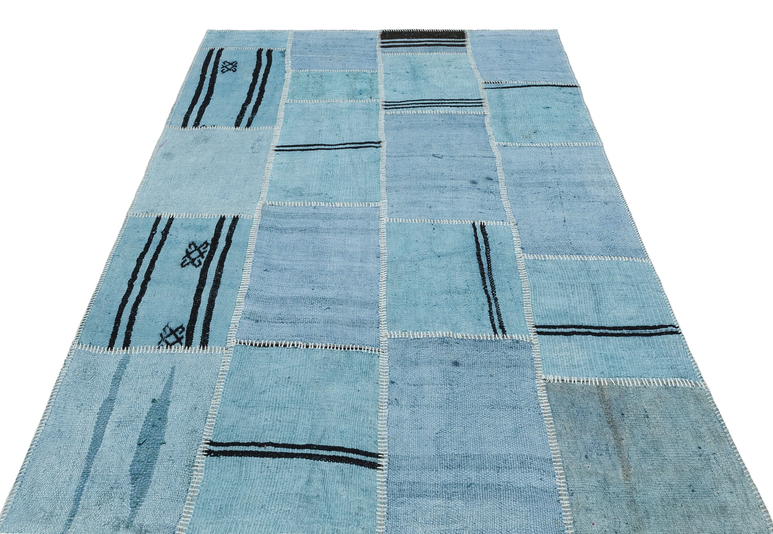 Blue Patchwork Rug - Handmade Wool Area Rug 5'2" x 7'6" | Vintage Style & Durable