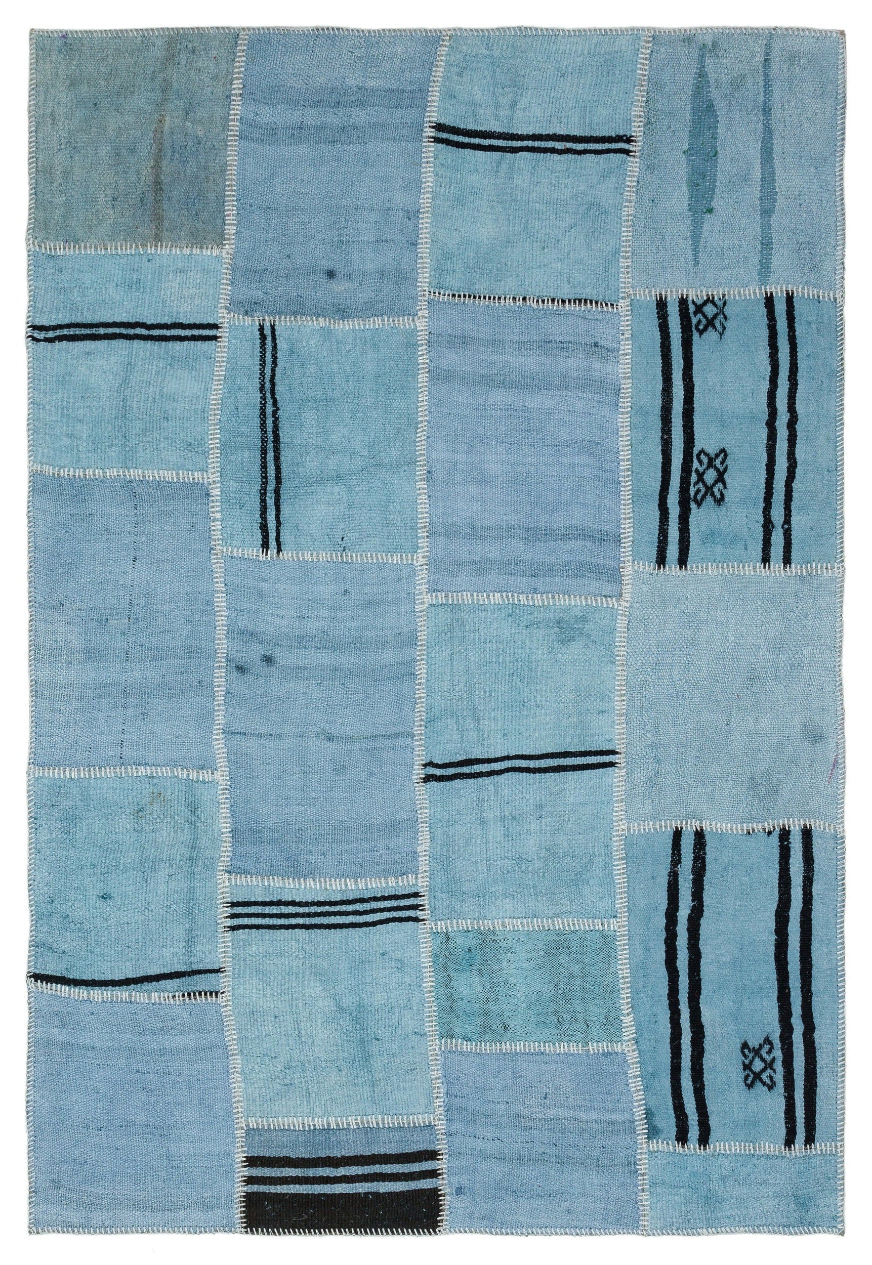 Blue Patchwork Rug - Handmade Wool Area Rug 5'2" x 7'6" | Vintage Style & Durable