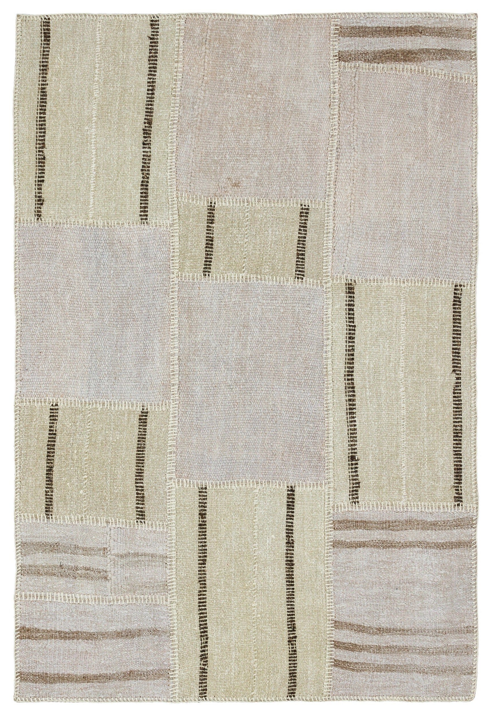 Teselya Beige Patchwork Wool Handmade Area Rug 3'10" x 5'9"
