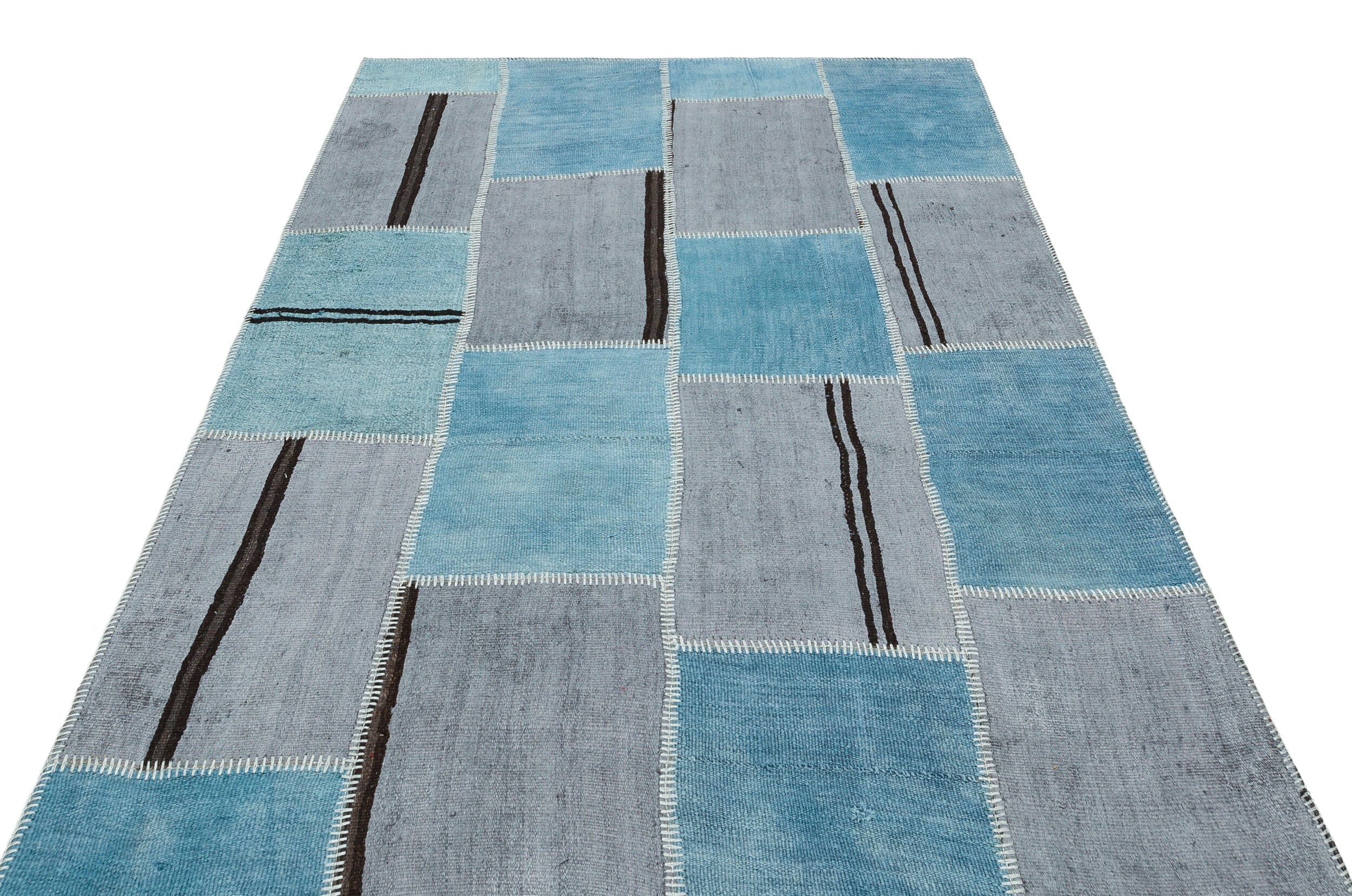 Teselya 36956 Blue Patchwork Wool Handmade Area Rug 5'2" x 7'4"