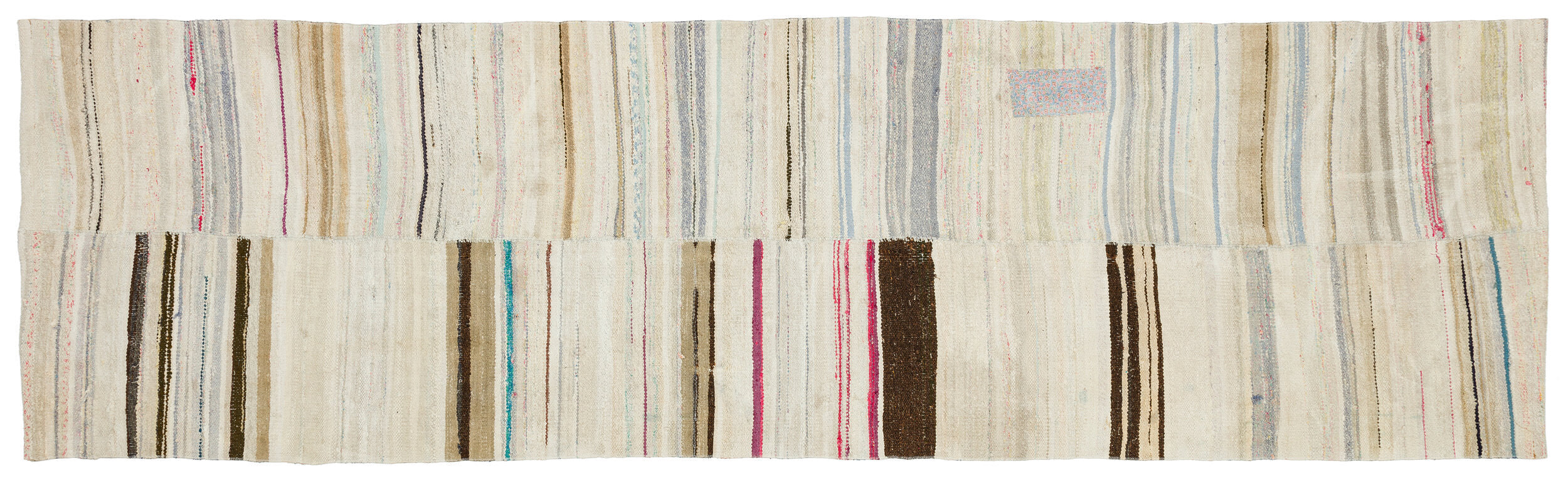 Girit Beige Striped Wool Handmade Area Rug 3'4" x 11'4"