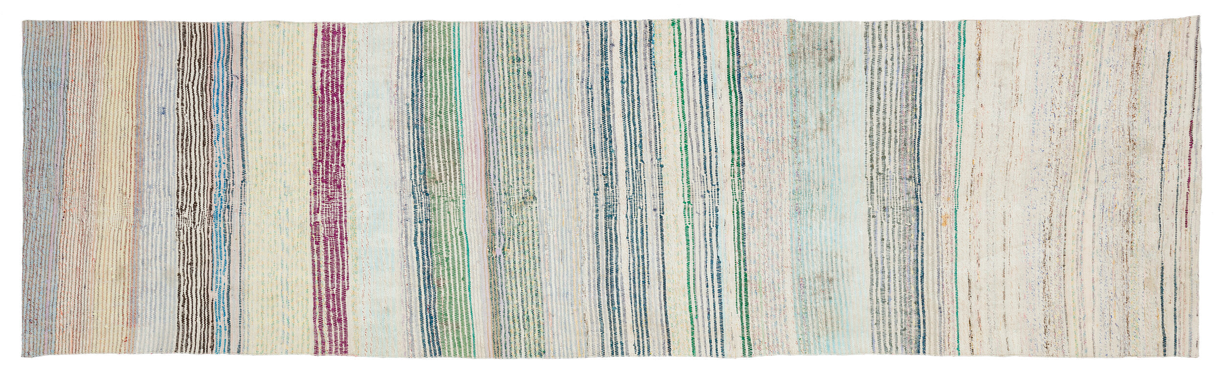 Girit Beige Striped Wool Handmade Area Rug 3'2" x 11'0"