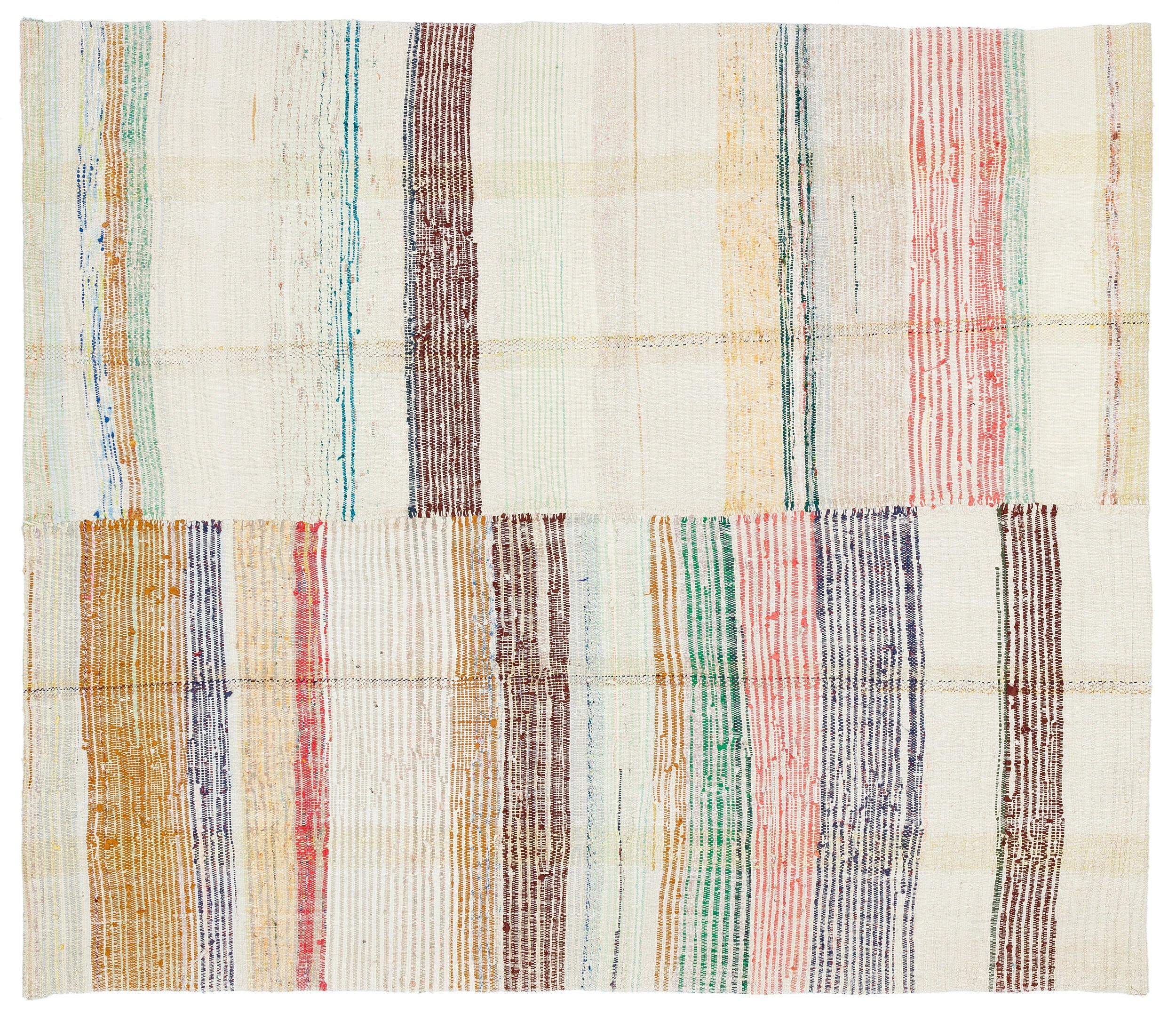 Girit Beige Striped Wool Handmade Area Rug 5'8" x 6'7"