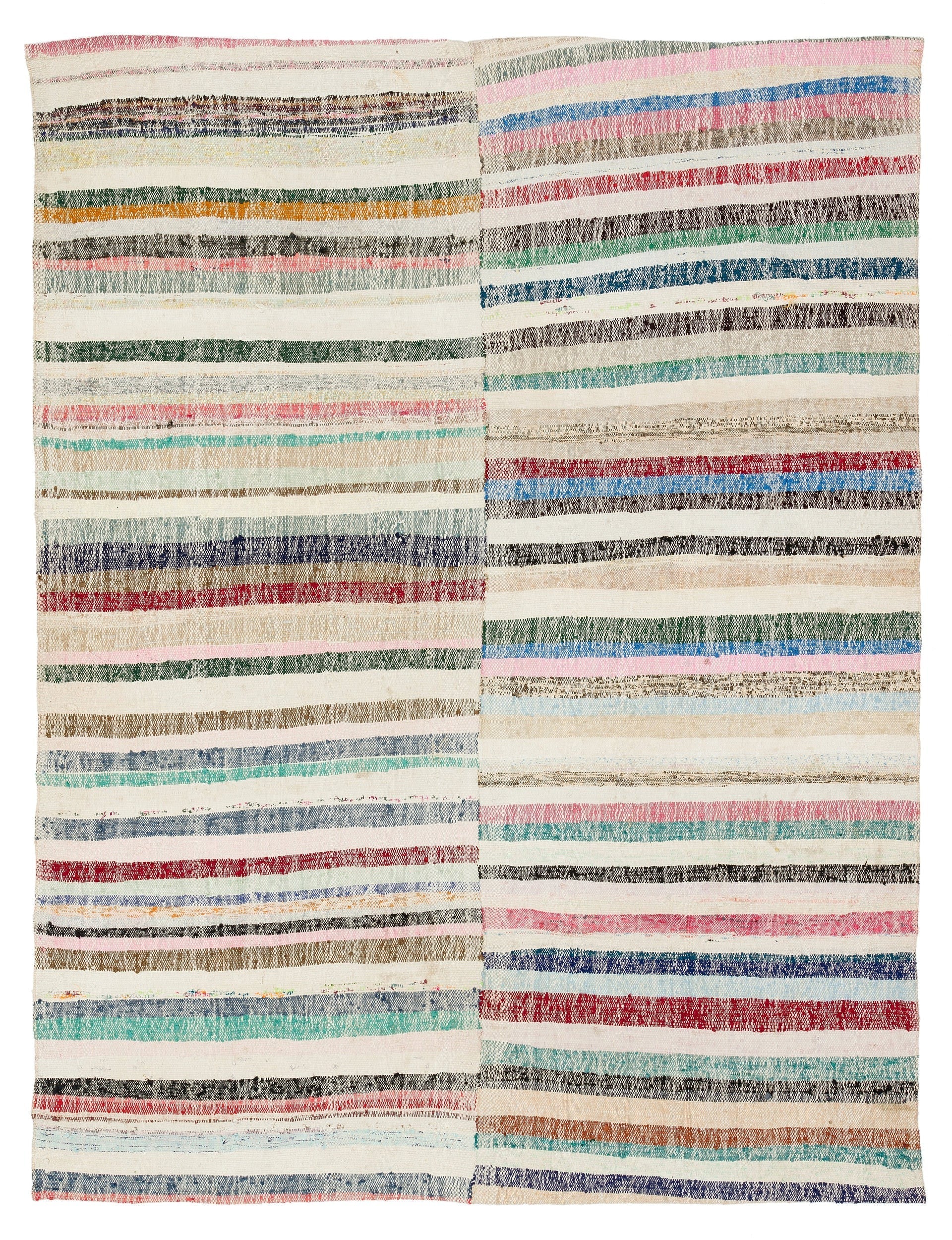 Girit Beige Striped Wool Handmade Area Rug 6'2" x 8'4"