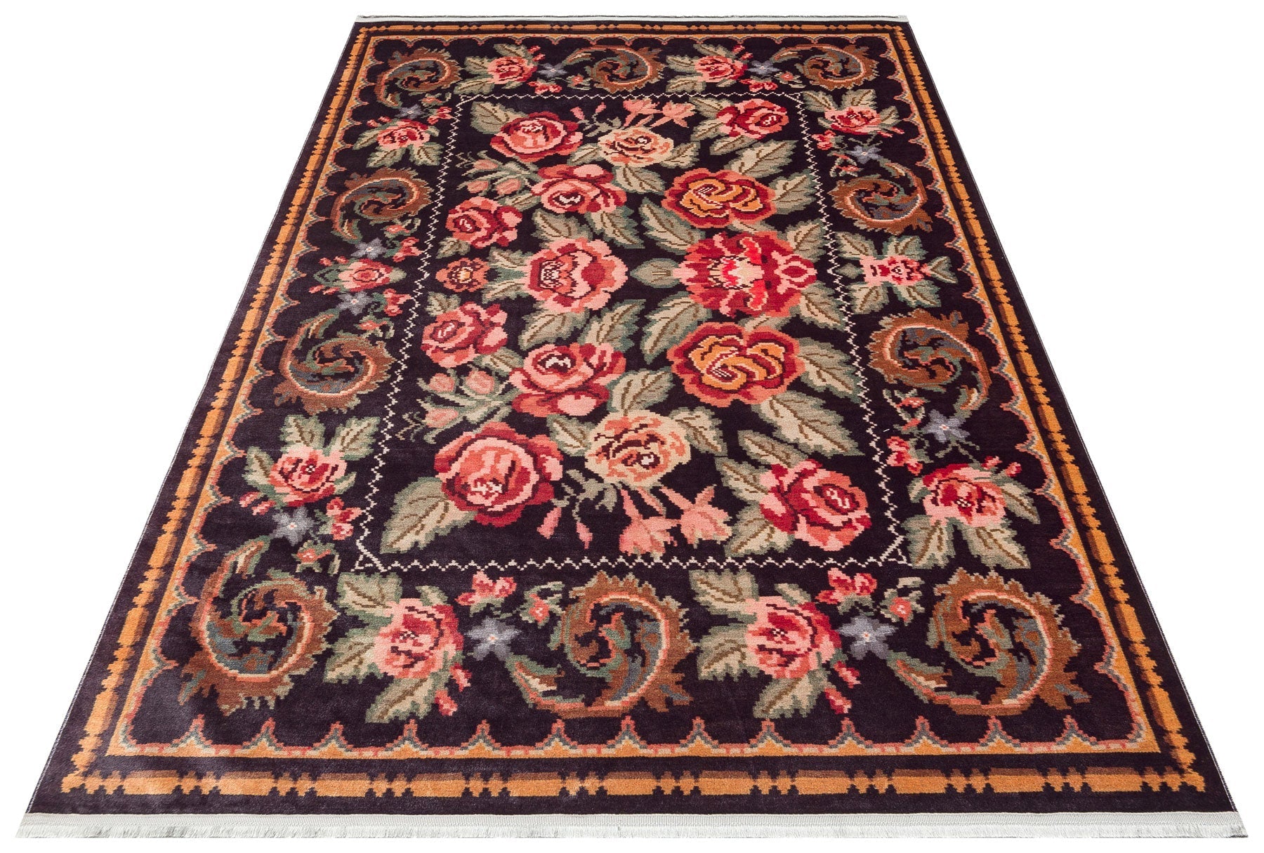 Black Red Floral Rug - Machine Made Cotton Area Rug | Washable Non Slip Carpet