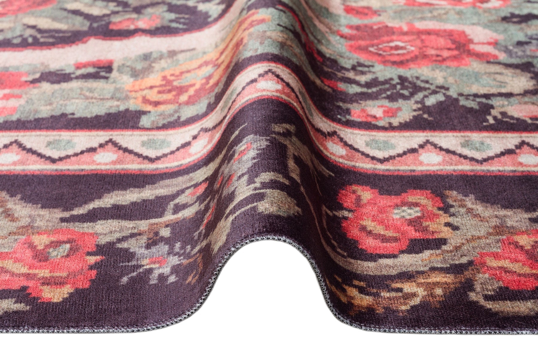 Black Floral Area Rug | Karabag Style Machine Made Cotton Rug – Non Slip, Easy Care