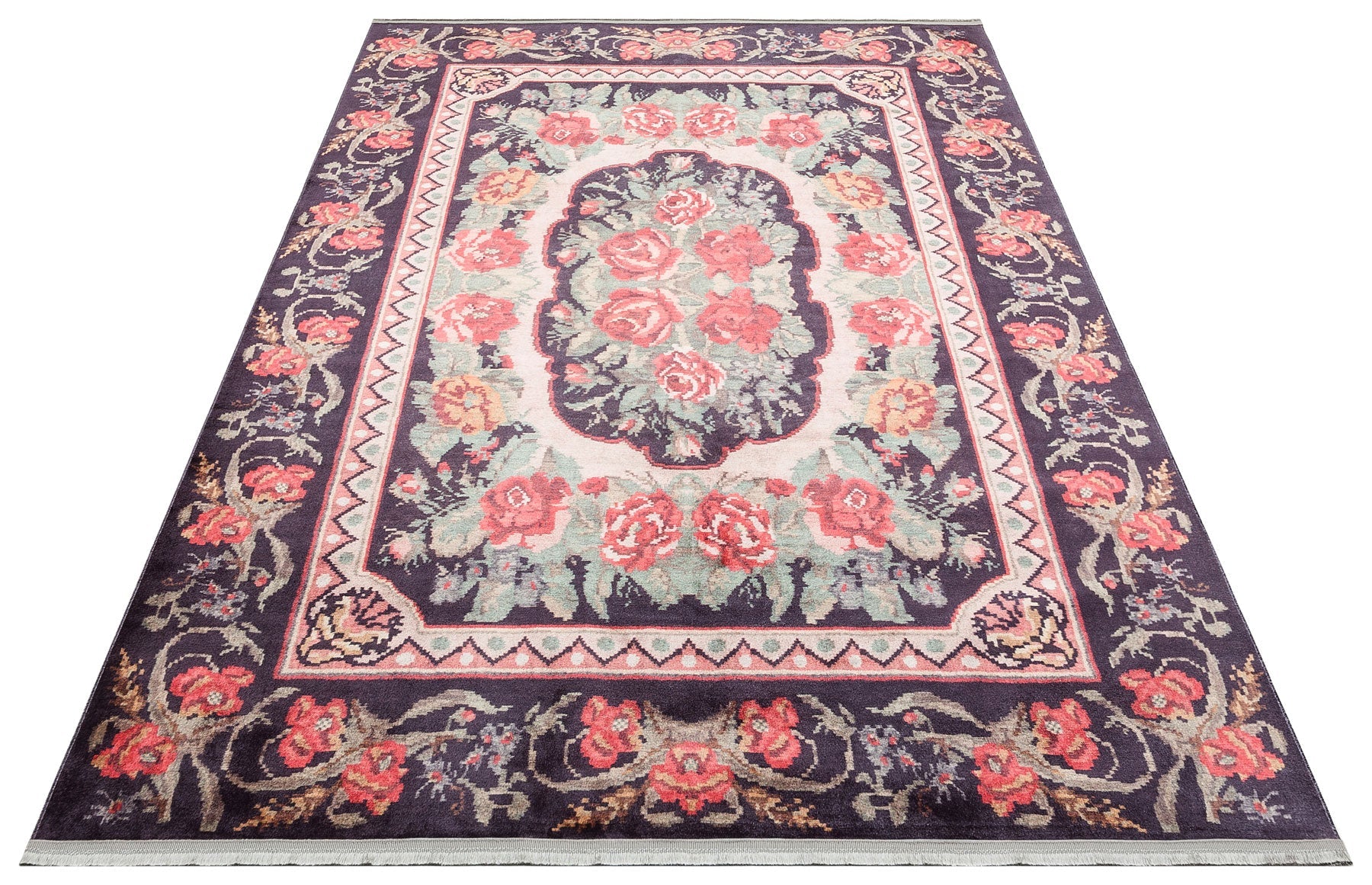 Black Floral Area Rug | Karabag Style Machine Made Cotton Rug – Non Slip, Easy Care