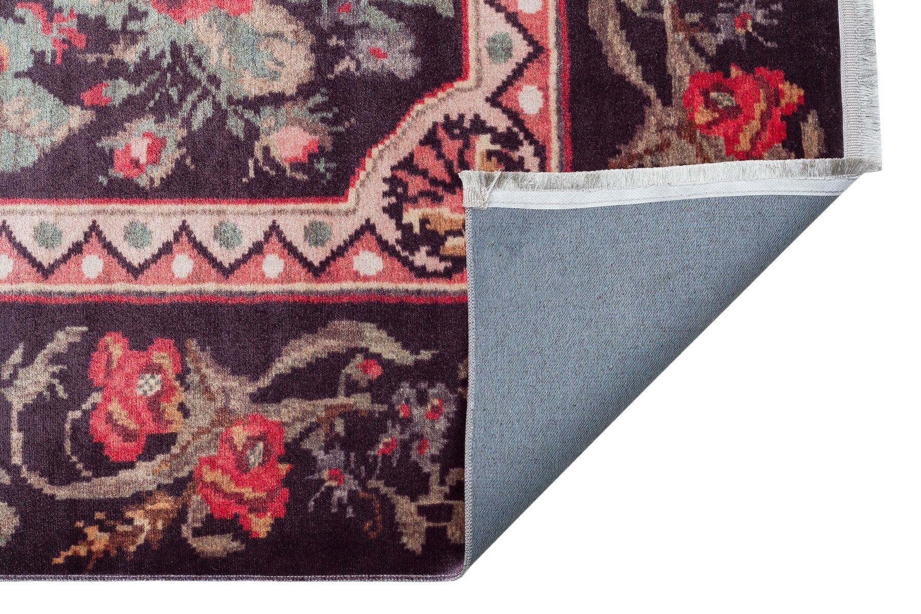 Black Floral Area Rug | Karabag Style Machine Made Cotton Rug – Non Slip, Easy Care