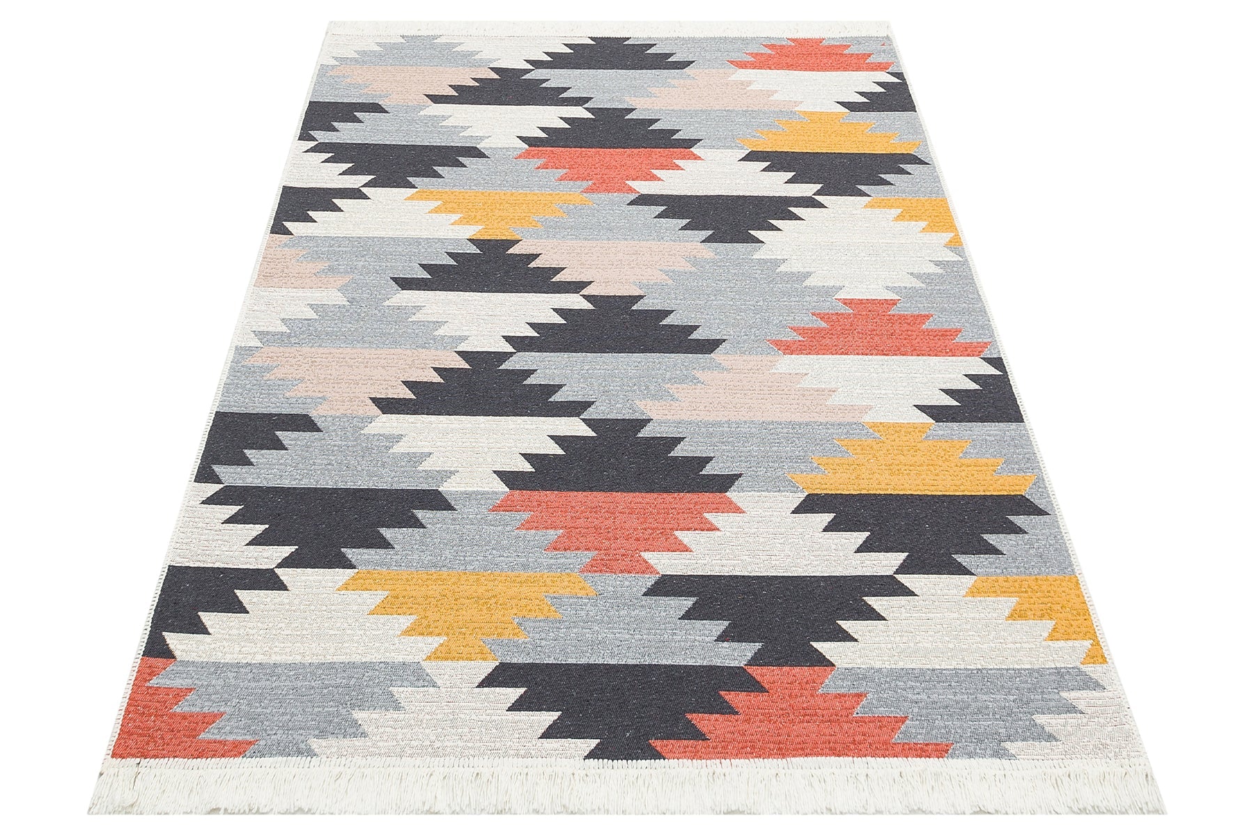 Grey Geometric Kilim Rug - Washable Cotton Woven Area Rug with Anti Slip