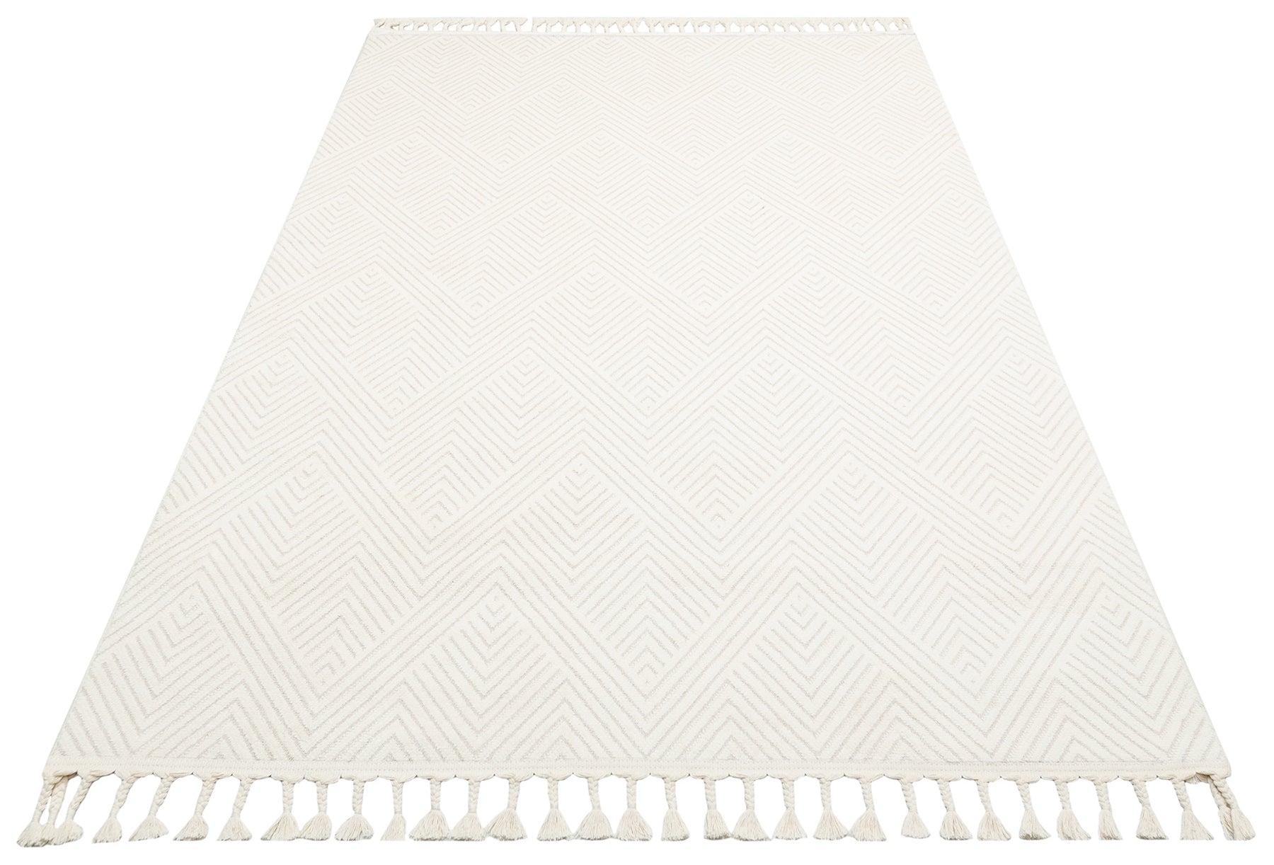 Geometric Area Rug – Machine Made White Flatweave Carpet with Ethnic Pattern