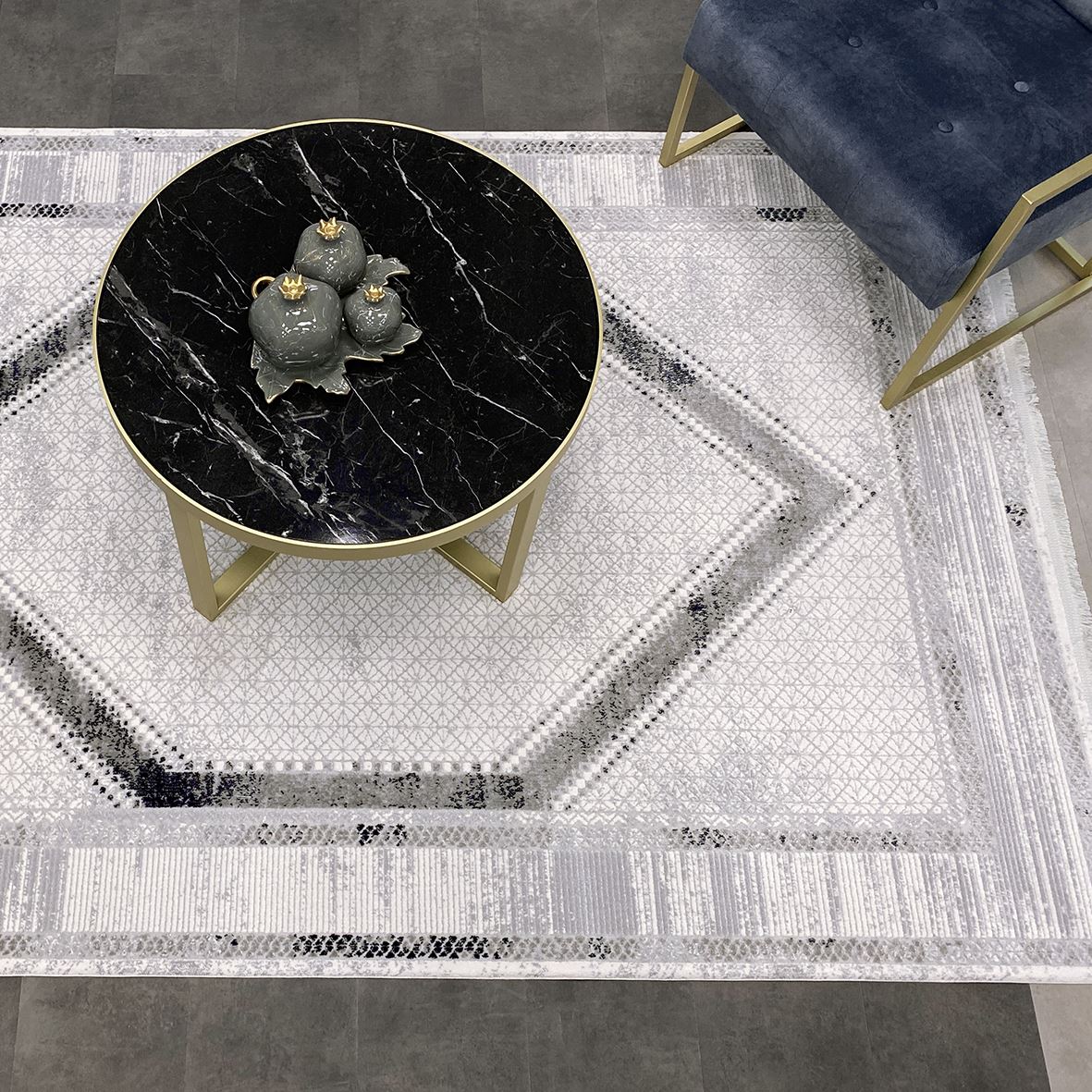 Grey Area Rug - Machine Made Rug With Frame Design, Anti Slip & Washable