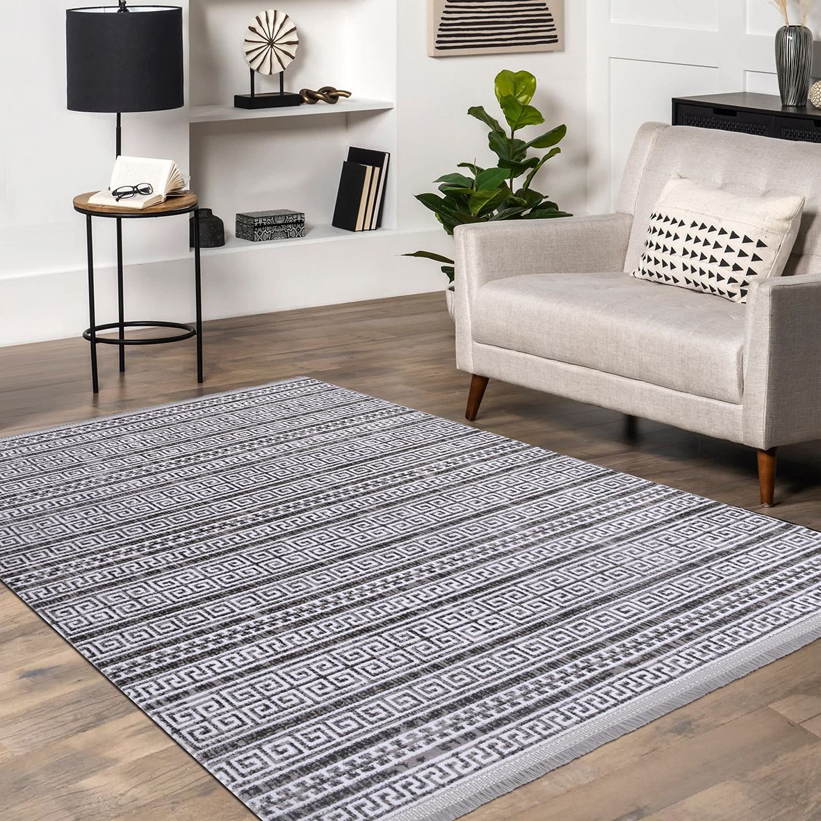 Grey Striped Area Rug - Machine Made Cotton Latex Rug with Overlocked Edge