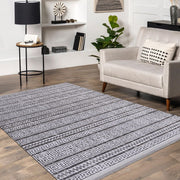 Grey Striped Area Rug - Machine Made Cotton Latex Rug with Overlocked Edge