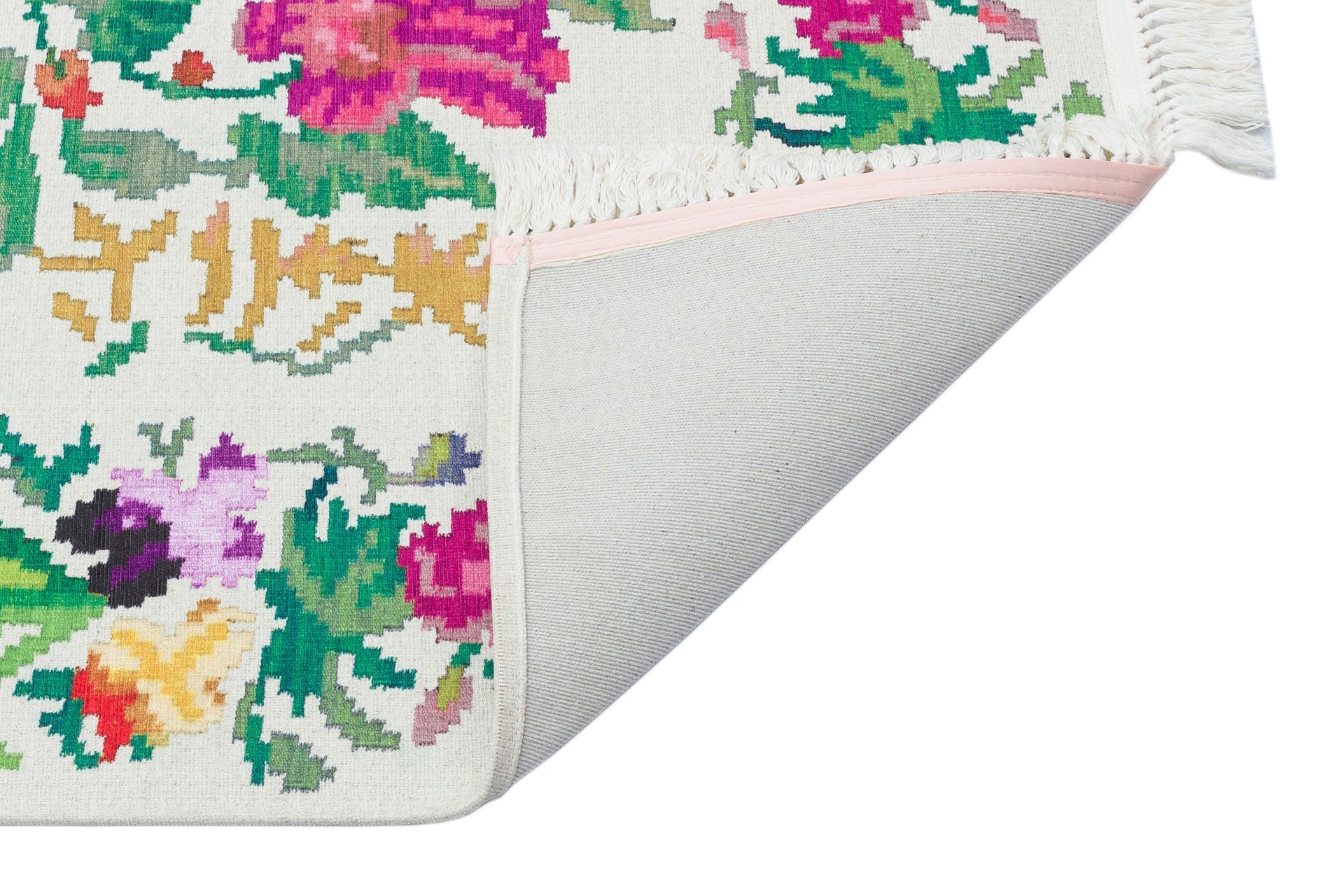 White Floral Kilim Washable Non Slip Rug – Soft Texture Carpet With Anti Slip Mat
