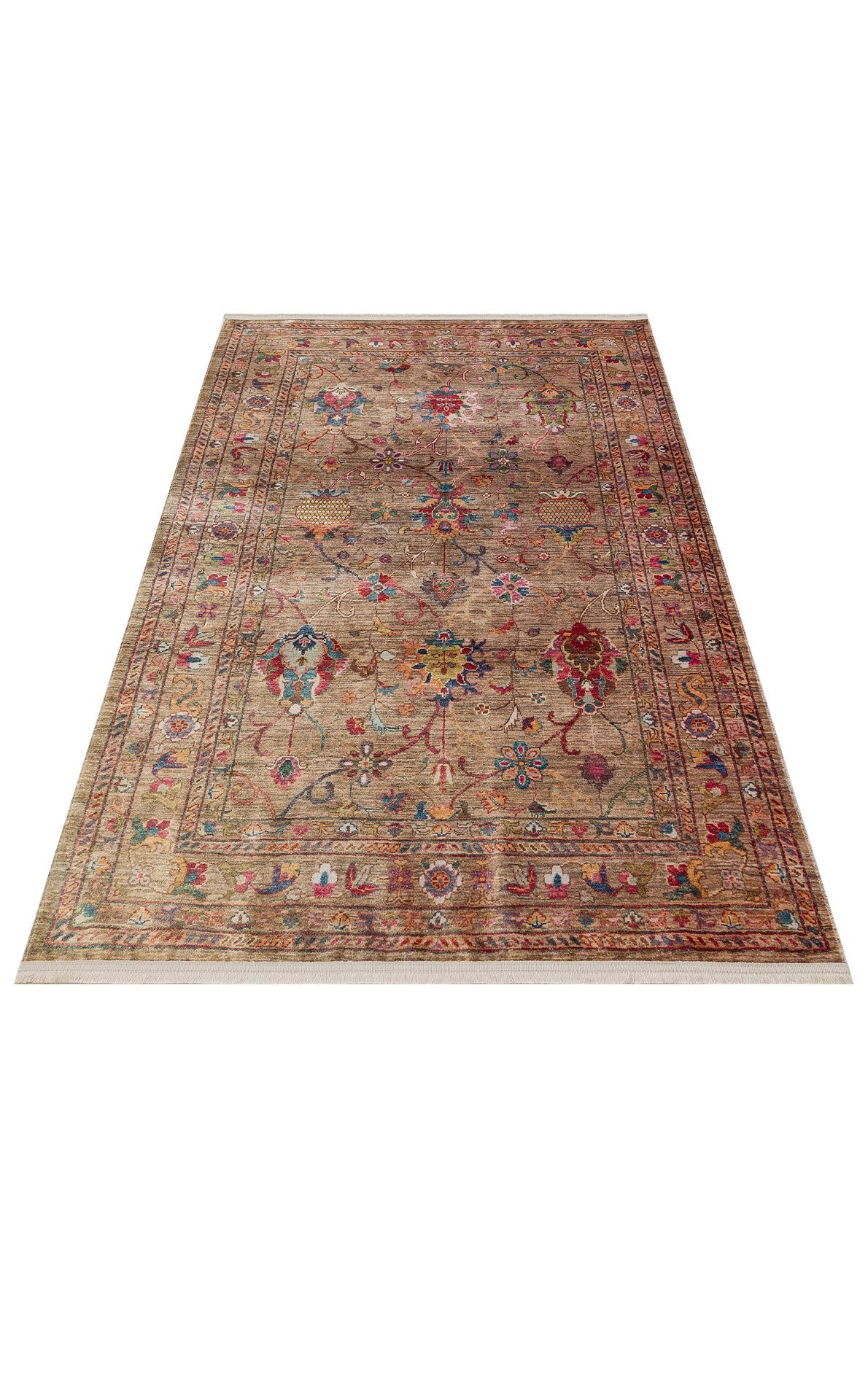 Vintage Cotton Area Rug - Beige Machine Made Rug With Antique Pattern