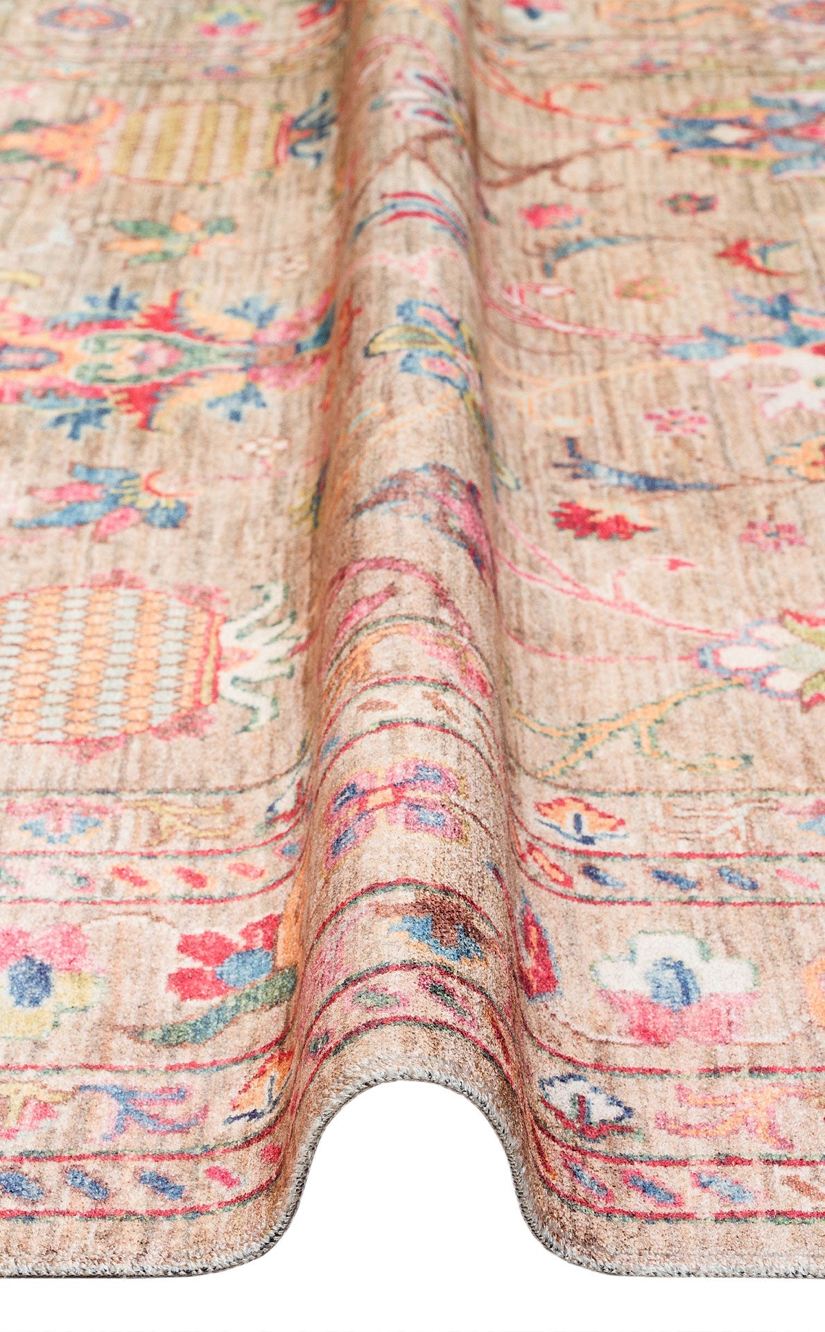 Vintage Cotton Area Rug - Beige Machine Made Rug With Antique Pattern