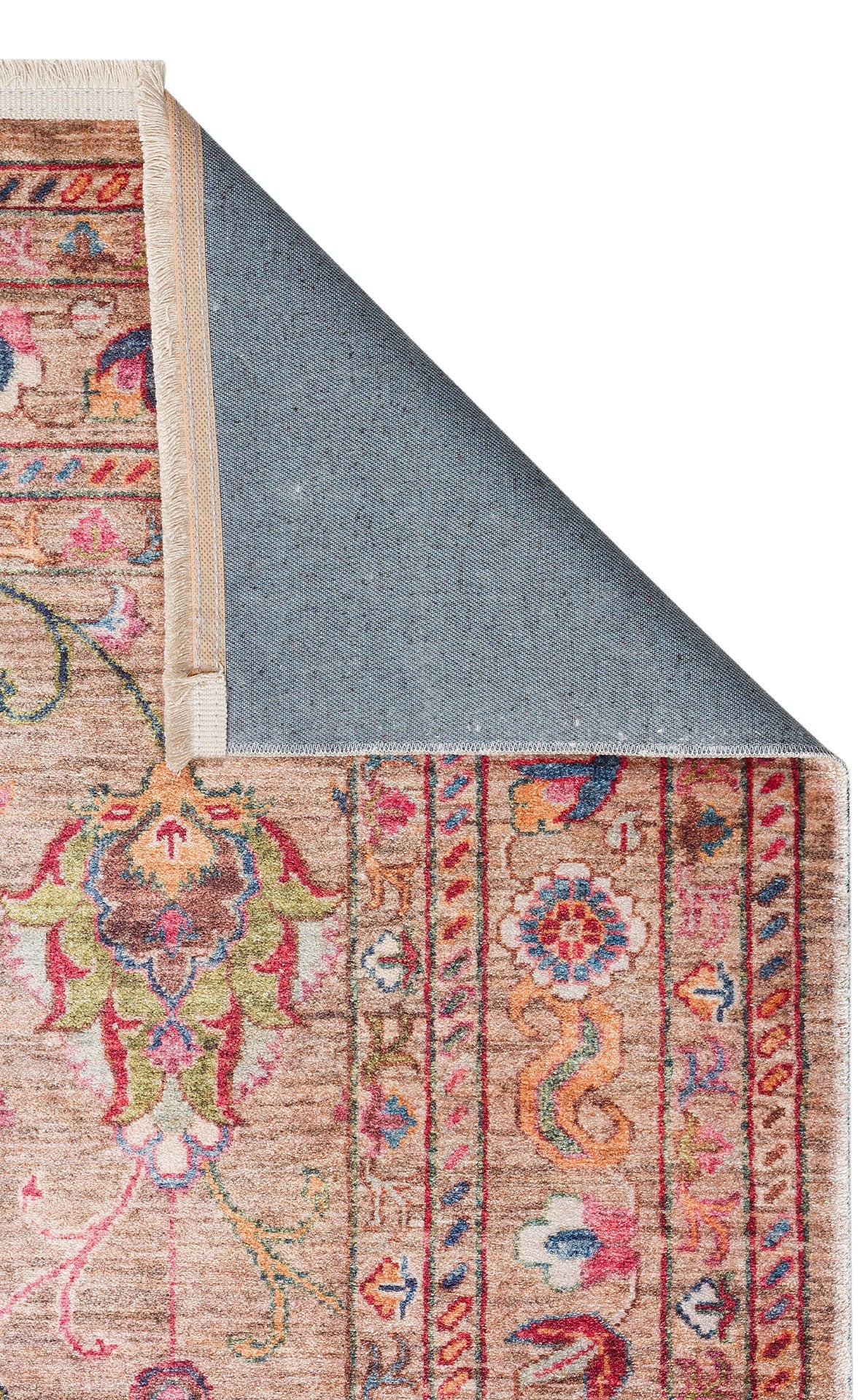Vintage Cotton Area Rug - Beige Machine Made Rug With Antique Pattern