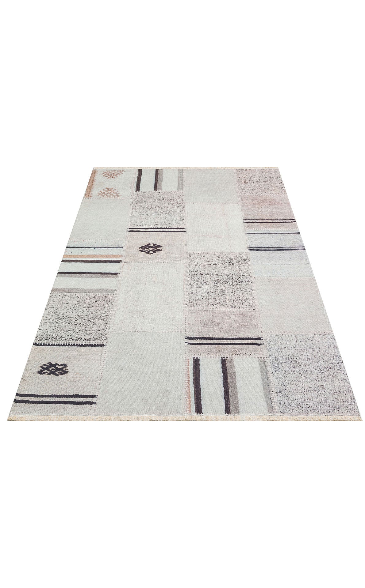 Patchwork Area Rug - Machine Made White Kilim Rug | Washable Non Slip Flatweave Carpet