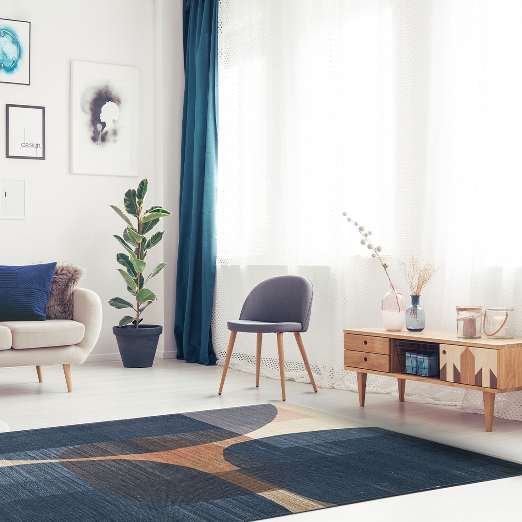 Navy Geometric Kilim - Washable Area Rug With Soft Texture & Non Slip Pad