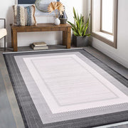 Machine Made Area Rug – Kimberly Grey Frame Rug With 10 mm Pile & Overlocked Edge