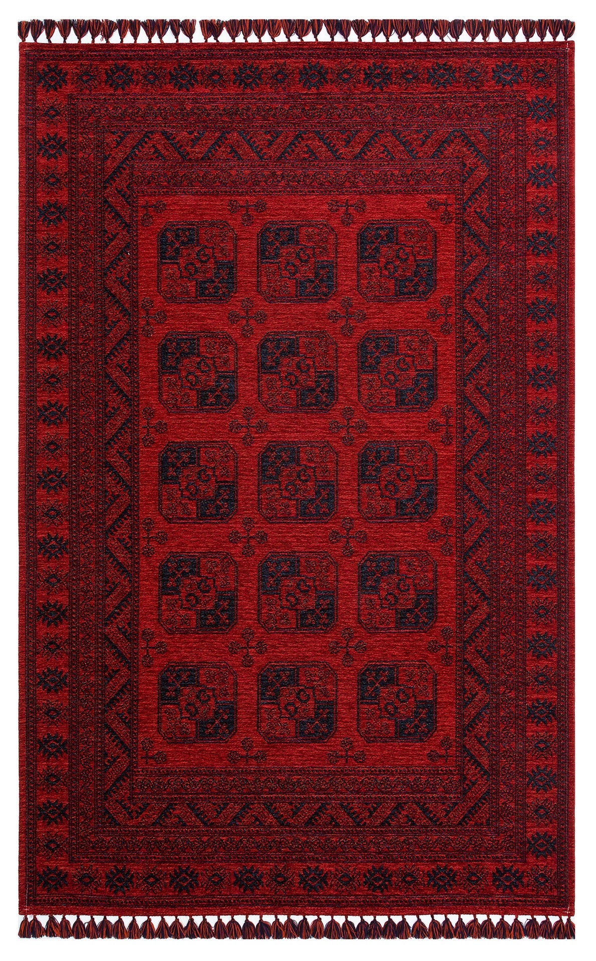 Red Afghan Washable Carpet - Non Slip Fine Woven Area Rug With Geometric Design