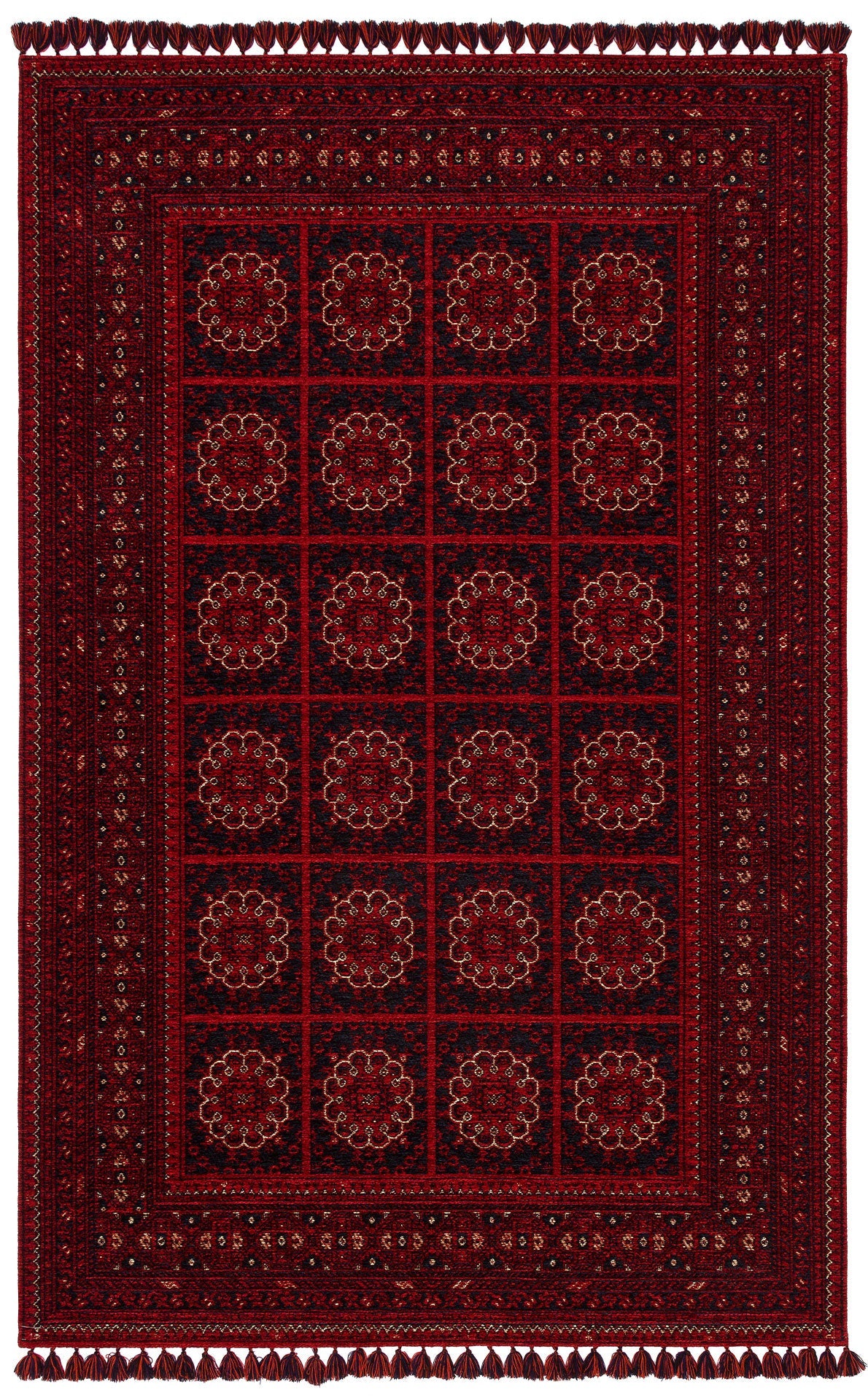 Afghan Washable Carpet - Red Non Slip Rug with Antibacterial Patterned Pile
