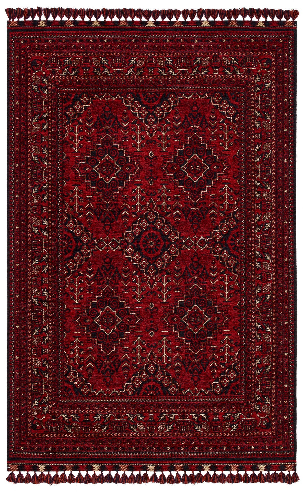 Afghan Washable Carpet - Red Area Rug Non Slip Fine Woven Geometric Patterned