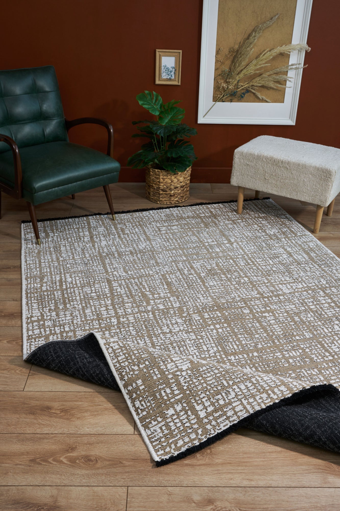 Beige Geometric Area Rug – Machine Made Rug with Cotton Yarn Carpet for Living Room