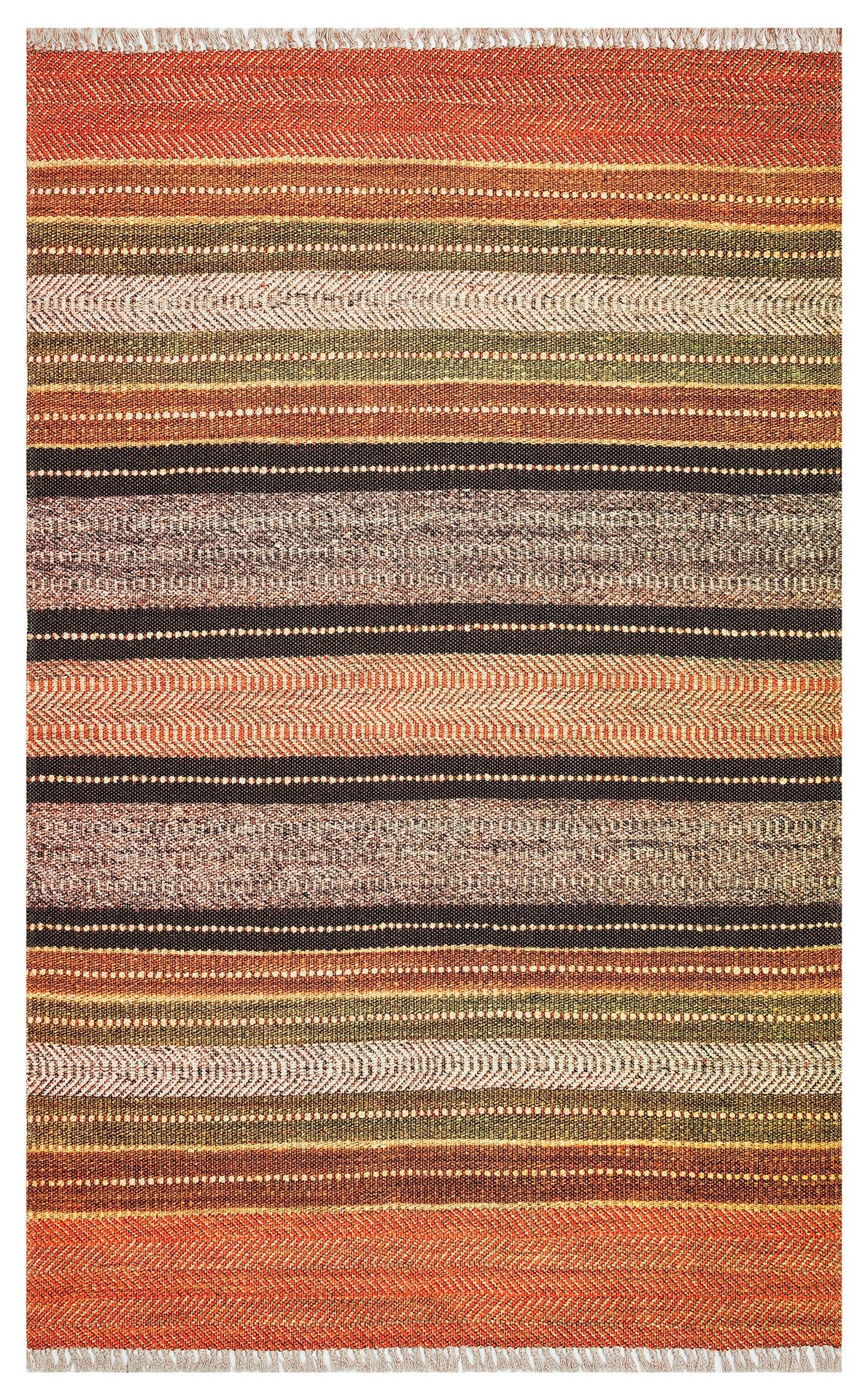 Cotton Washable Kilim – Orange Striped Rug | Fluff Resistant, Double Sided Mat