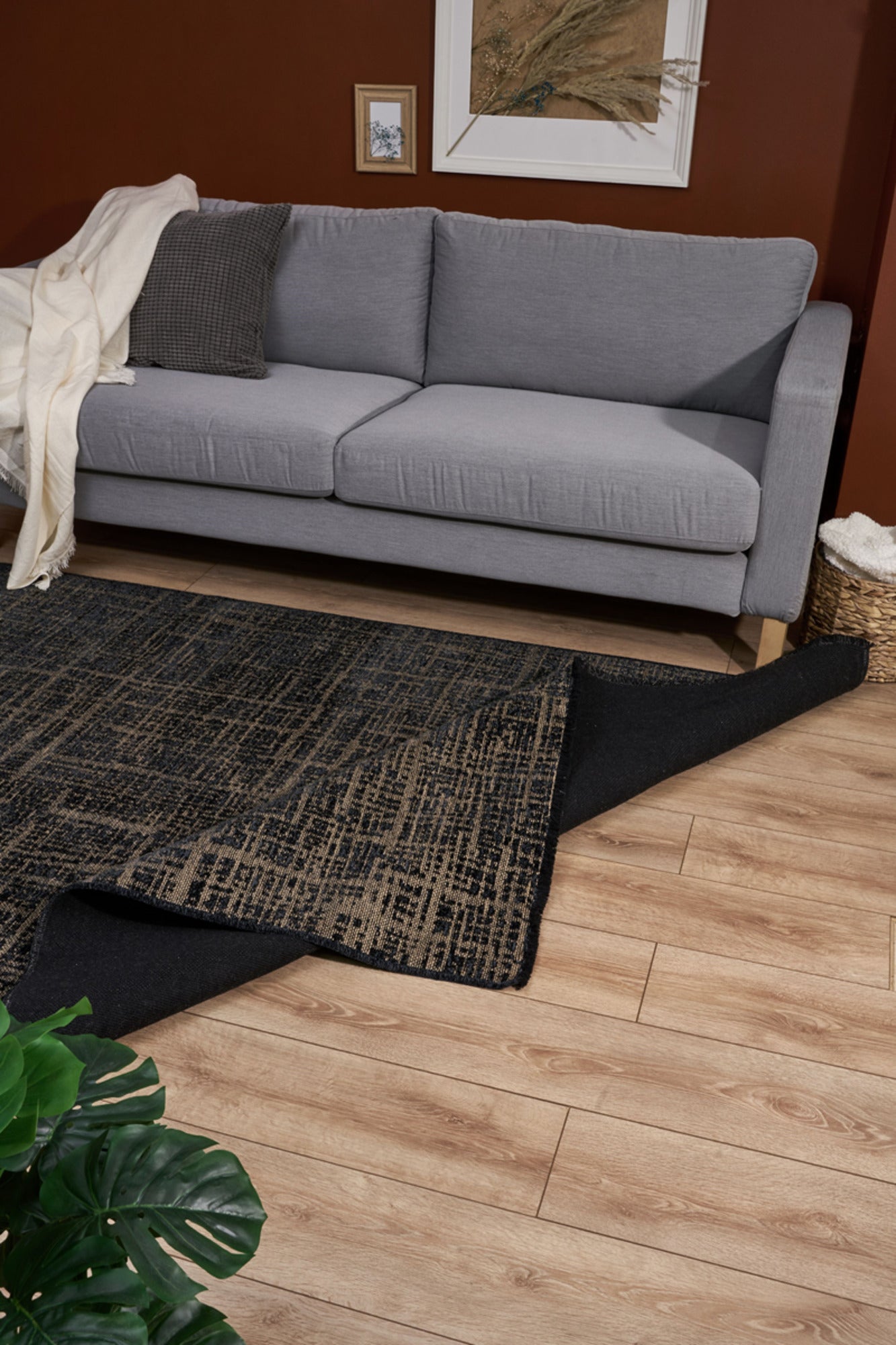 Modern Area Rug - Machine Made Brown Black Woven Cotton Carpet for Living Room