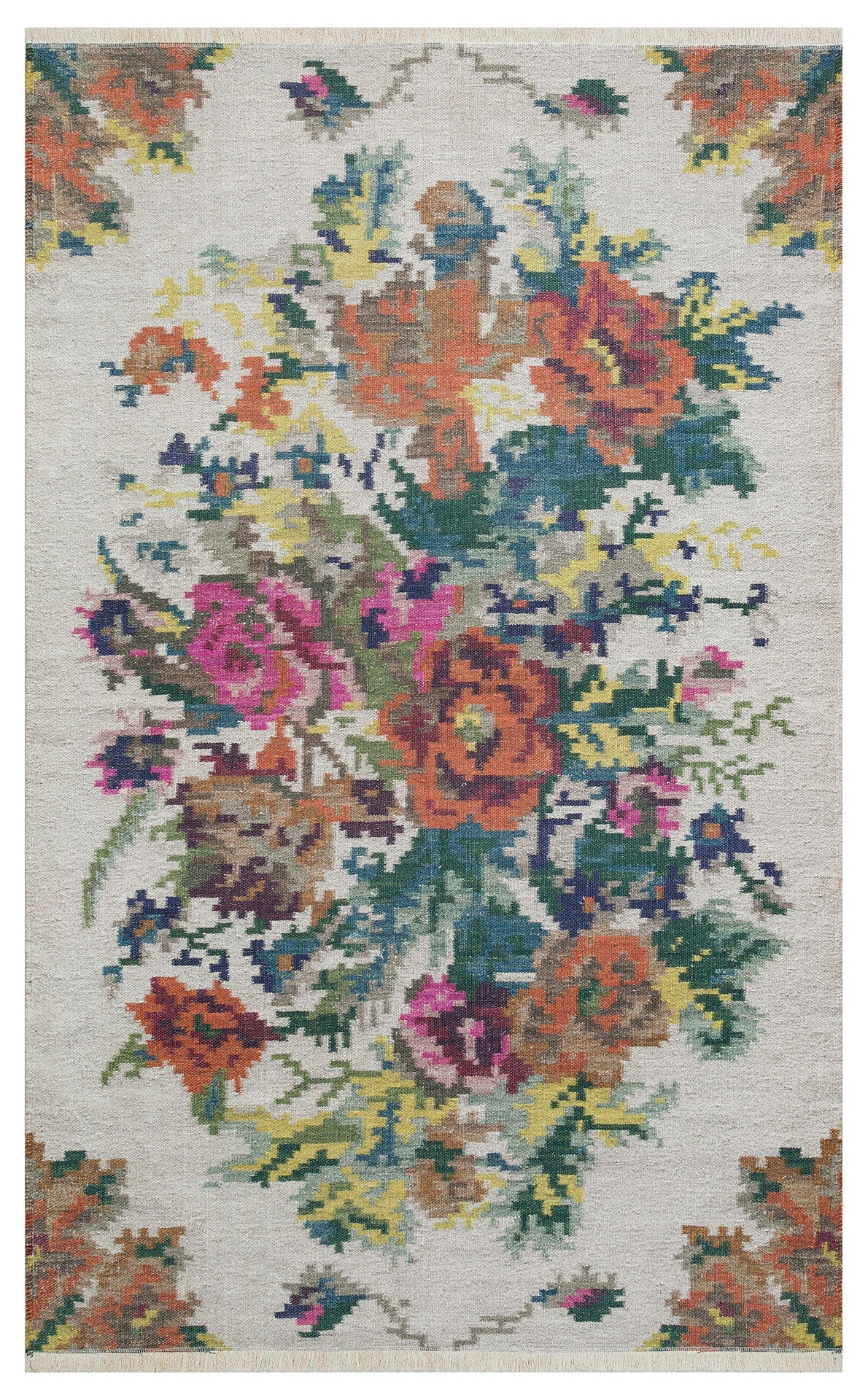 Orange White Kilim – Floral Patterned Rug | Washable Non Slip Soft Texture Carpet