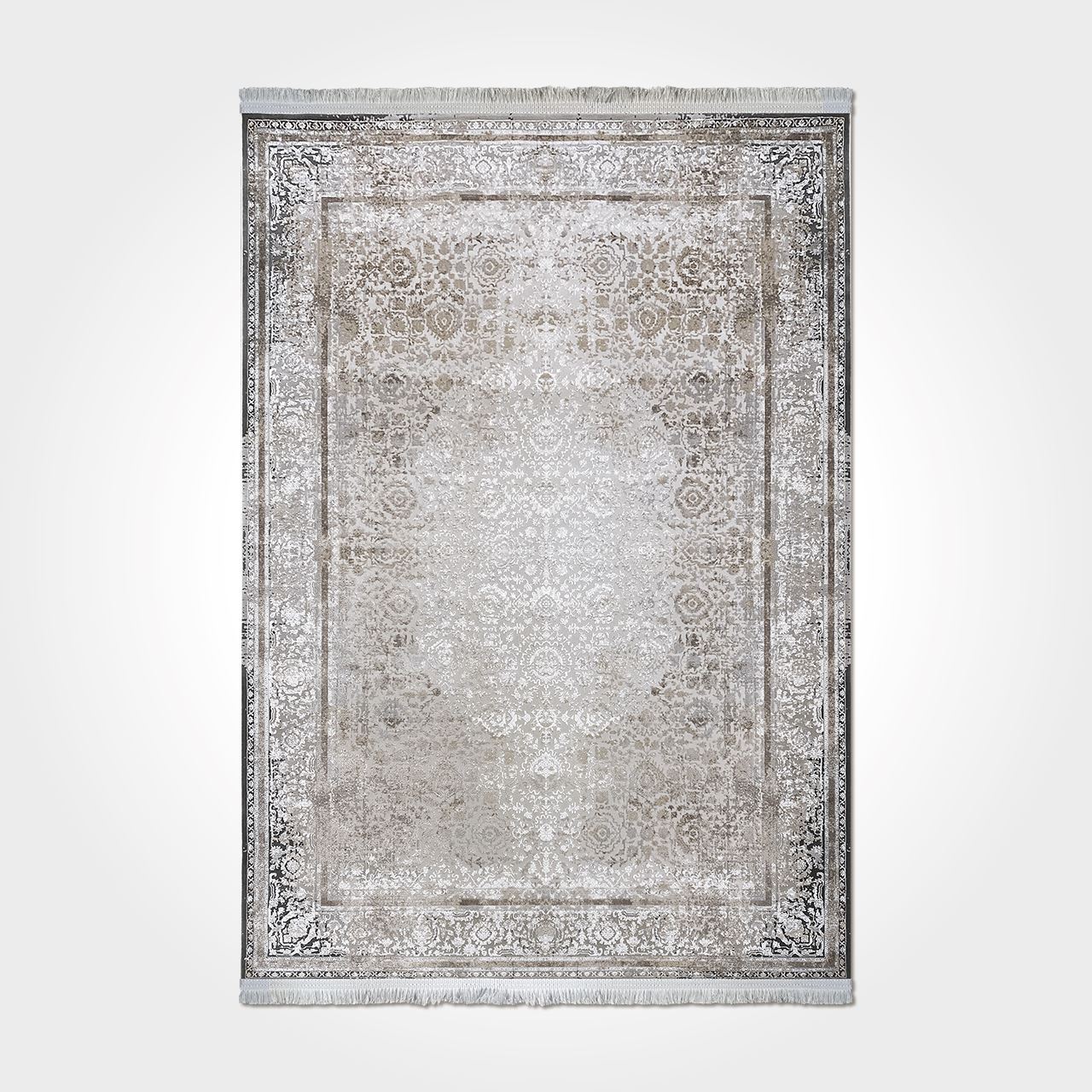Viscose Area Rug | Cream Beige Machine Made Rug with Frame Design & Anti Slip Backing